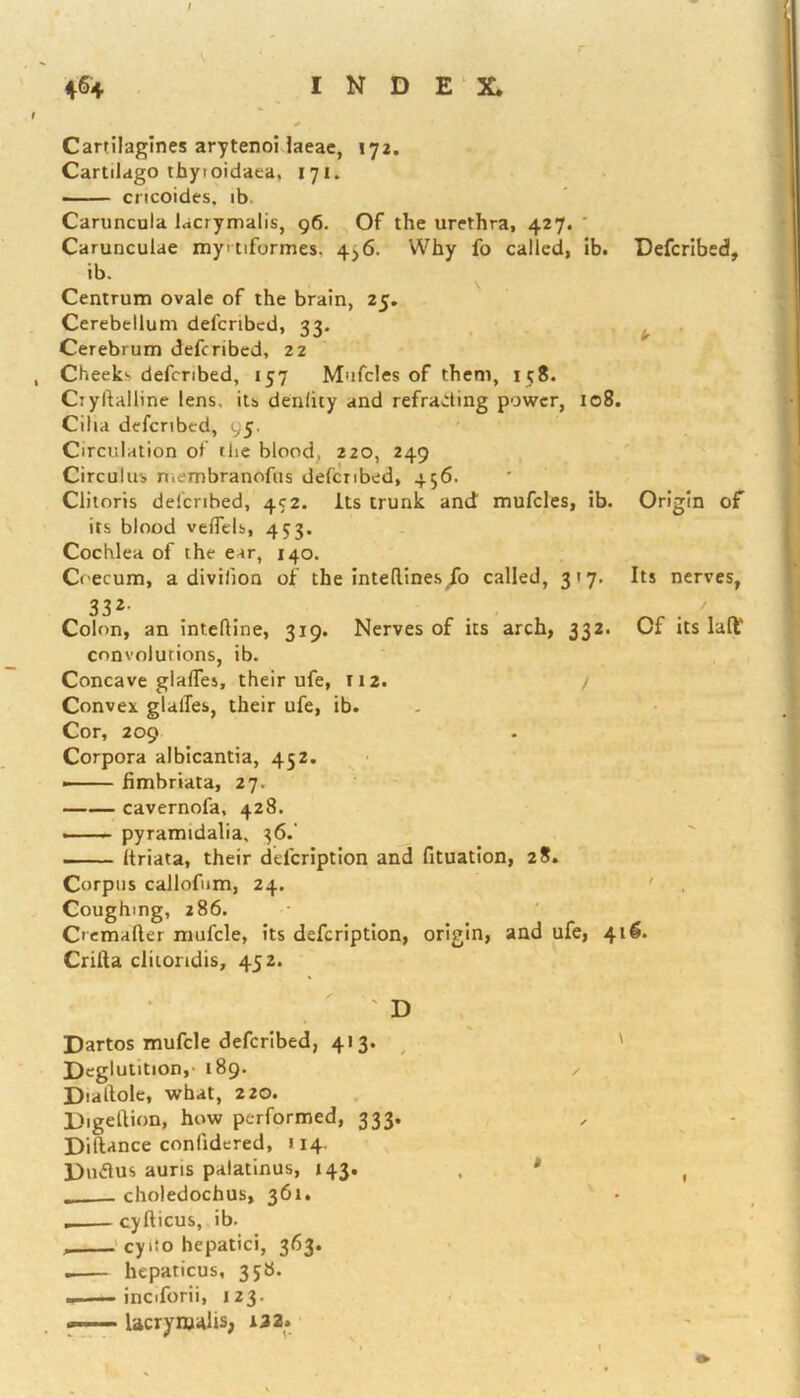 Carrilagines arytenoi laeae, 172. Cartilago thytoidaea, 171. —— cricoides. ib Caruncula lacrymalis, 96. Of the urethra, 427. Carunculae mytiformes, 4,6. Why fo called, ib. Defcribed, ib. Centrum ovale of the brain, 25. Cerebellum defcribed, 33. Cerebrum defcribed, 22 Cheeks defcribed, 157 Muffles of them, 158. Ciyftalline lens, its denlity and refracting power, 108. Cilia defcribed, 95. Circulation of the blood, 220, 249 Circulus membranofus defcribed, 456. Clitoris defcribed, 492. Its trunk and mufcles, ib. Origin of its blood veffels, 453. Cochlea of the ear, 140. G-ecum, a division of the intedines/o called, 317. Its nerves, 332- . . ' Colon, an intehine, 319. Nerves of its arch, 332. Of its lalt convolurions, ib. Concave glafles, their ufe, T12. / Convex glalTes, their ufe, ib. Cor, 209 Corpora albicantia, 452. fimbriata, 27. —— cavernofa, 428. . pyramidalia, }6.' Itriata, their delcription and fituation, 28. Corpus callofum, 24. ' Coughing, 286. Cremafler mufcle, its defeription, origin, and ufe, 416. Crifta cliiondis, 452. ' D Dartos mufcle defcribed, 413. Deglutition, 189. D'altole, what, 220. Digetlion, how performed, 333, Diftance contidered, 114. Duflus auris palatinus, 143. choledochus, 361. cyfticus, ib- , cyiio hepatici, 363. hepaticus, 358. inciforii, 123. lacrymalis, 132.