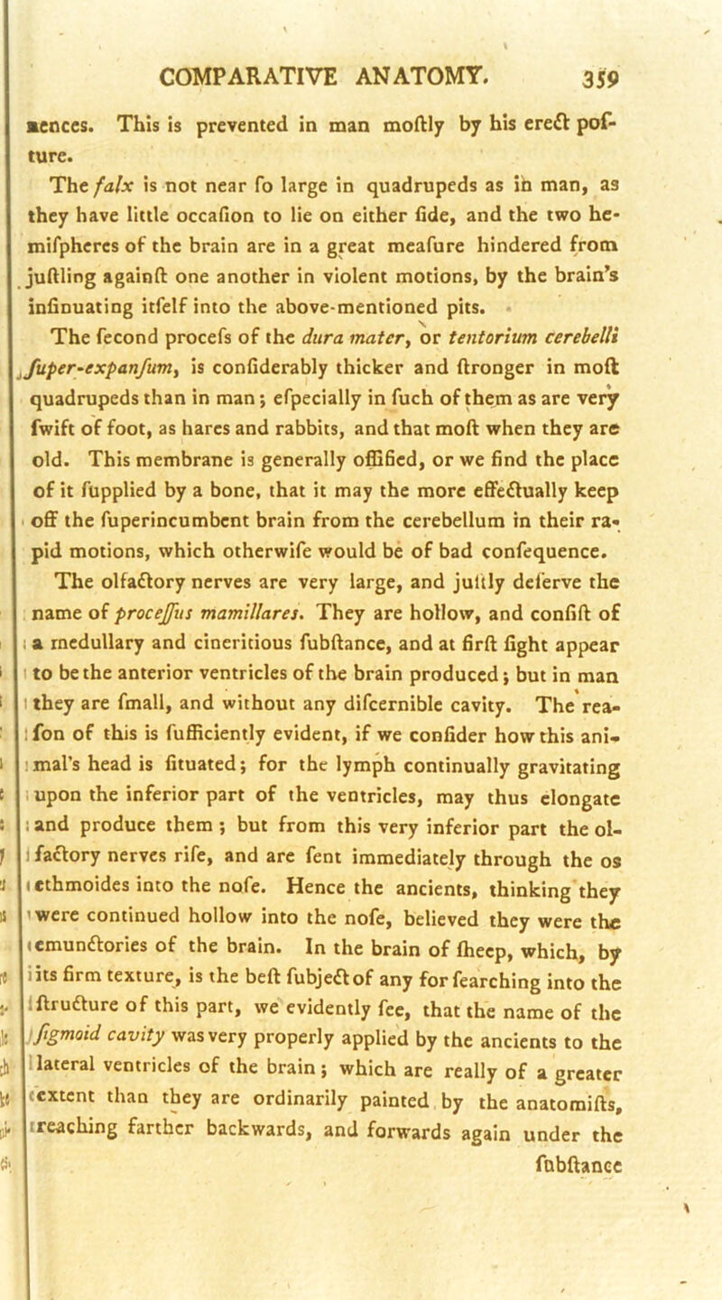 mences. This is prevented in man moftl7 by his ereft pof- ture. The falx is not near fo large in quadrupeds as ifa man, as they have little occadon to He on either fide, and the two hc- mifphcrcs of the brain are in a great meafure hindered from juftling againfi; one another in violent motions, by the brain’s infinuating itfelf into the above-mentioned pits. • The fecond procefs of the dura mater, or tentorium cerebelli jjuper-expanfum, is confiderably thicker and ftronger in moft quadrupeds than in man; efpecially in fuch of them as are very fwift of foot, as hares and rabbits, and that moft when they are old. This membrane is generally oflified, or we find the place of it fupplied by a bone, that it may the more effectually keep off the fuperincumbent brain from the cerebellum in their ra- pid motions, which otherwife would be of bad confequence. The olfactory nerves are very large, and jultly del'erve the name of procejfus mamillares. They are hollow, and confift of I a medullary and cineritious fubftance, and at firft fight appear t to be the anterior ventricles of the brain produced} but in man they are fmall, and without any difcernible cavity. The rea- fon of this is fufiiciently evident, if we confider how this ani* imal’s head is fituated; for the lymph continually gravitating 1 upon the inferior part of the ventricles, may thus elongate i and produce them ; but from this very inferior part the ol- ) 11 faClory nerves rife, and are fent immediately through the os hethmoides into the nofe. Hence the ancients, thinking they lemunClories of the brain. In the brain of Ihecp, which, by jilts firm texture, is the beft fubjeCkof any forfearching into the j. jlftruCture of this part, we evidently fee, that the name of the jftgmoid cavity was very properly applied by the ancients to the [h |1 lateral ventricles of the brain; which are really of a greater !;{ (extent than they are ordinarily painted by the anatomifts, (i* tr&aching farther backwards, and forwards again under the fabftanec ' I