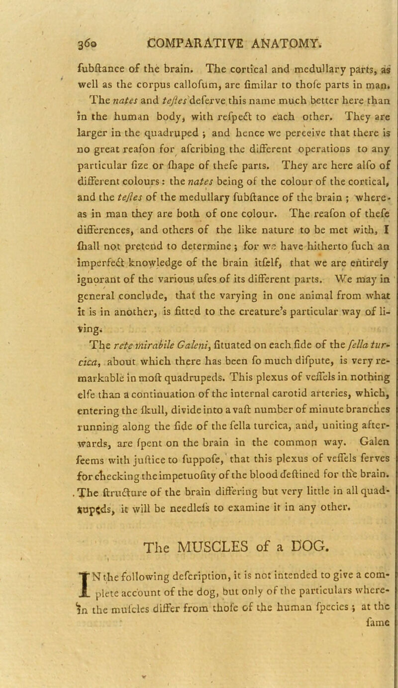 fubftance of the brain. The cortical and medullary parts, as well as the corpus callofum, are fimilar to thofe parts in man. The nates and tejies'dercrve this name much better here than in the human body, with refpedl to each other. They are larger in the quadruped j and hence we perceive that there is no great reafon for^ aferibing the different operations to any particular fize or fliape of ihefe parts. They are here alfo of different colours: the nates being of the colour of the cortical, and the te/ies of the medullary fubftance of the brain ; where- as in man they are both of one colour. The reafon of thefe differences, and others of the like nature to be met with, I fhall not pretend to determine; for we have hitherto fuch an imperfect knowledge of the brain itfelfj that we are entirely ignorant of the various ufes of its different parts. We rnay in / general conclude, that the varying in one animal from what it is in another, is fitted to the creature’s particular way of li- ving. The rete mlrabile Galeni, fituated on each fide of the fella tur- cica^ about which there has been fo much difpute, is very re- markable inmoft quadrupeds. This plexus of veffels in nothing elfe than a continuation of the internal carotid arteries, which, entering the fkull, divide into avail number of minute branches running along the fide of the fella turcica, and, uniting after- wards, are Ipent on the brain in the common way. Galen feems with jufticeto fuppofe,’that this plexus of veffels ferves for cliecking the impetuofity of the blood deftined for thfe brain. .The ftrudlure of the brain differing but very little in all quad- rupeds, it will be needlels to examine it in any other. The MUSCLES of a DOG. I IN the following defeription, it is not intended to give a com- plete account of the dog, but only of the particulars where- in the mufclcs differ from thofe of the human fpecies; at the fame