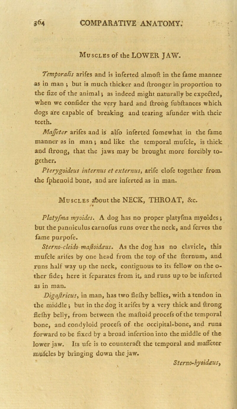 3^4 COMPARATIVE ANATOMY.’ = : Muscles of the LOWER JAW. Temporalis arifcs and is inferted almoft in the fame manner as in man \ but is much thicker and ftronger in proportion to the fize of the animal j as indeed might naturally be expelled, when we confider the very hard and ftrohg fubftances which, dogs are capable of breaking and tearing afunder with their teeth. Majfeter arifes and is alfo inferted fomewhat in the fame manner as in man ; and like the temporal mufcle, is thick and ftrong, that the jaws may be brought more forcibly to- gether. Pterygoideus internus et externus, arife clofe together from the fphenoid bone, and are inferted as in man. Muscles artjout the NECK, THROAT, &c. t PJatyfma myoides, A dog has no proper platyfma myoides; but the panniculus carnofus runs over the neck, and ferves the fame purpofe. Sterno^cleido mafloidaus. As the dog has no clavicle, this mufcle arifes by one head from the top of the fternum, and runs half way up the neck, contiguous to its fellow on the o- ther fide; here it feparates from it, and runs up to be inferted as in man. DigaJlricuSy in man, has two flefhy bellies, with a tendon in the middle; but in the dog it arifes by a very thick and ftrong flefhy belly, from between the maftoid procefs of the temporal bone, and condyloid procefs of the occipital-bone, and runs forward to be fixed by a broad infertion into the middle of the lower jaw. Its ufe is to counteraft the temporal and mafleter mufcles by bringing down the jaw. Stemo’hyoidausy