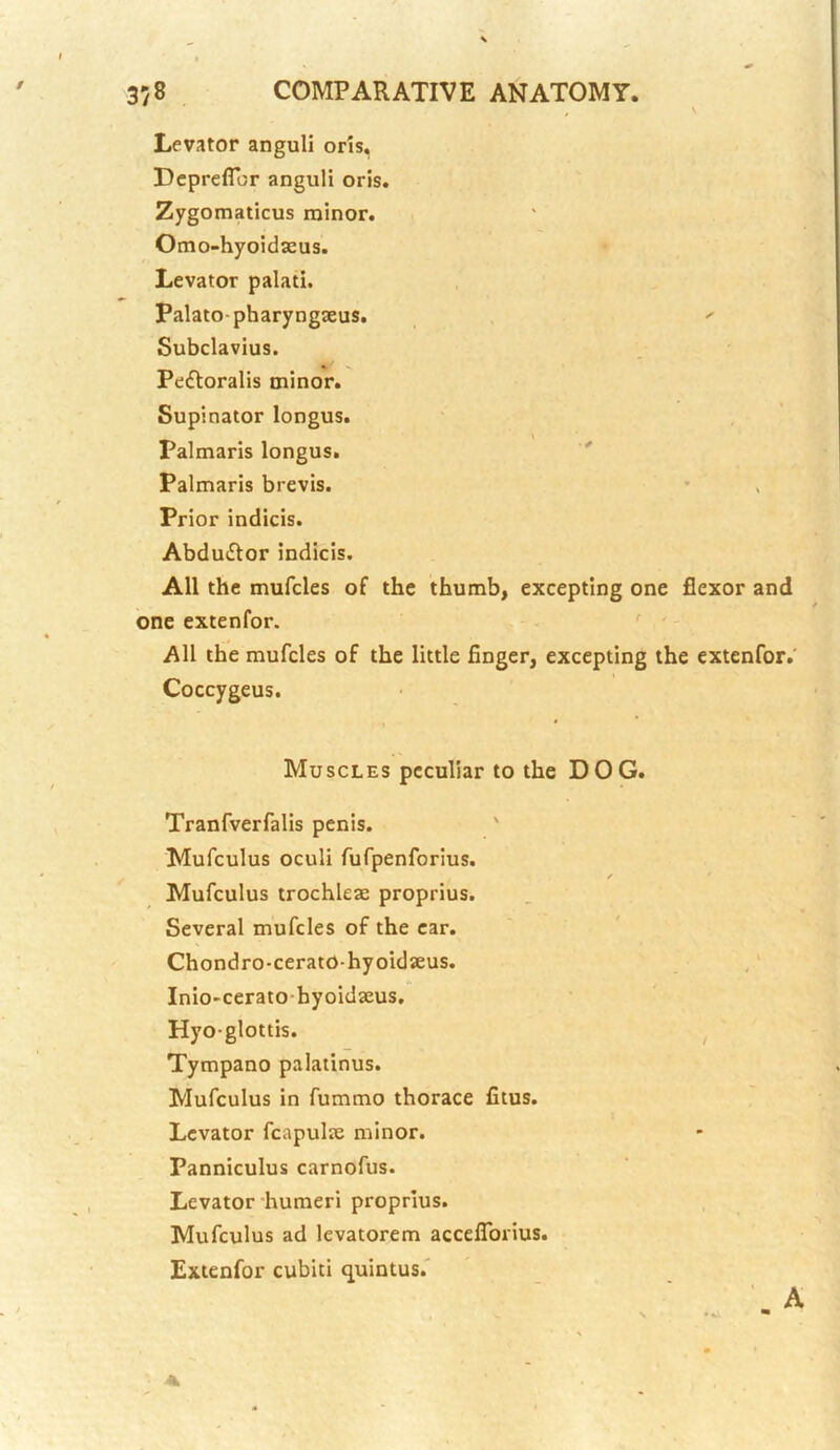 Levator anguli oris, Dcpreffbr anguli oris. Zygomaticus minor. Omo-hyoidaeus. Levator palati. Palato-pharyngseus. Subclavius. Pe£loralis minor. Supinator longus. Palmaris longus. ^ Palmaris brevis. Prior indicis. Abdu£tor indicis. All the mufcles of the thumb, excepting one flexor and one extenfor. All the mufcles of the little finger, excepting the extenfor.' Coccygeus. Muscles peculiar to the DOG. Tranfverfalis penis. ' Mufculus oculi fufpenforius. Mufculus trochleae proprius. Several mufcles of the car. ' Chondro-cerato-hyoidaeus. ,' Inio'ceratobyoidaeus. Hyo-glottis. ^ Tympano palatinus. Mufculus in fummo thorace Ctus. Levator fcapulae minor. Panniculus carnofus. Levator humeri proprius. Mufculus ad levatorem acceflTorius. Extenfor cubiti quintus.' A