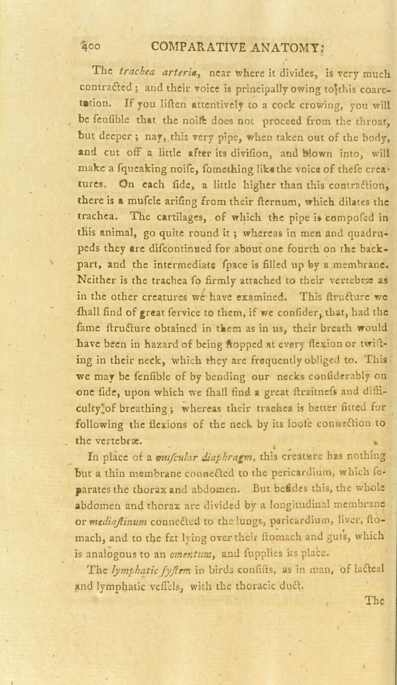The trachea arterU, near where it divides, is very much contraiflcd ; and their voice is principally owing to^this coarc- tation. If you liften attentively to a cock crowing, you will be fenfible that the noift does not proceed from the throat, but deeper ; nay, this very pipe, when taken out of the body, and cut off a little after its divifion, and blown into, will make a fqueaking noifc, fomcthing like the voice of thefe crea- tures. On each fide, a little higher than this contra£lion, there is a mufclc arifing from their ftcrnum, which dilates the trachea. The cartilages, of which the pipe is compofed in this animal, go quite round it; whereas in men and quadru- peds they are difeontinued for about one fourth on the back- part, and the intermediate fpace is filled up by a membrane. Neither is the trachea fo firmly attached to their vertebral as in the other creatures wc'have examined. This ftrufturc we lhall find of great fcrvice to them, if we confider, that, had the fame ftruflure obtained in tke.m as in us, their breath would have been in hazard of being ftopped at every flexion or twill- ing in their neck, which they arc frequently obliged to. This . we may be fenfible of by bending our necks confidcrably on one fide, upon which we lhall find a great ftraitnefs and difii- culty'of breathing ; whereas their trachea is better fitted for following the flexions of the neck by its loole conneftion to the vertebrse. » In place of a mu/cular diaphragm, this creature has nothing but a thin membrane conncfked to the pericardium, which fe- parates the thorax and abdomen. But befides this, the whole abdomen and thorax are divided by a longitudinal membrane or mediajiinum connefled to the lungs, pericardium, liver, fto- mach, and to the fat lying over their ftomach and guts, which is analogous to an omentum, and fupplies ks place. The lymphatic fyjiem in birds confifts, as in man, of la6leal and lymphatic veflels, with the thoracic duft.