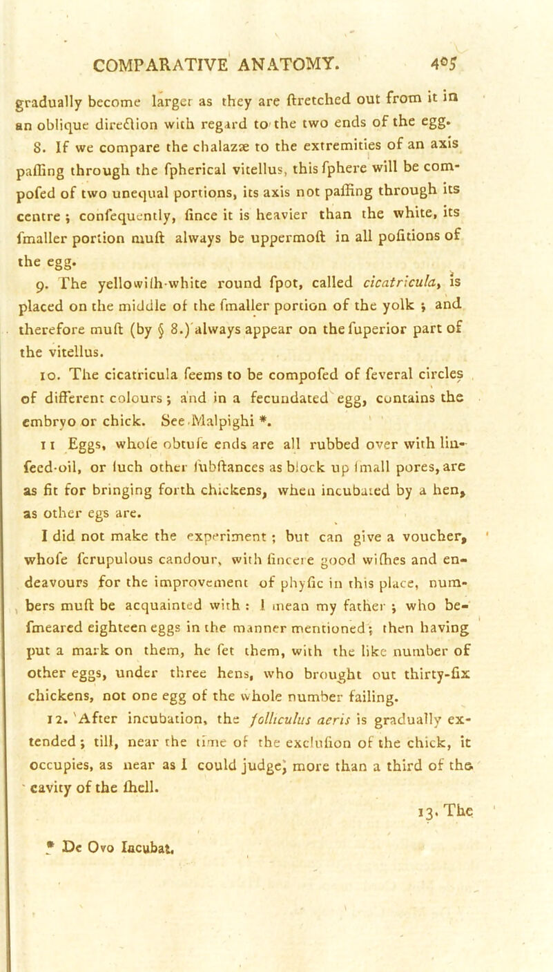gradually become larger as they are ftretched out from it in an oblique dirc£lion with regard to the two ends of the egg. S. If we compare the chalazae to the extremities of an axis palling through the fpherical vitellus, thisfphere will be com- pofed of two unequal portions, its axis not paffing through its centre ; confequently, lince it is heavier than the white, its fmaller portion muft always be uppermoft in all politions of the egg. 9. The yellowilh-white round fpot, called cicatricula, is placed on the middle of the fmaller portion of the yolk i and therefore muft (by § 8.)'always appear on thefuperior part of the vitellus. 10. The cicatricula feems to be compofed of feveral circles of different colours; and in a fecundated egg, contains the embryo or chick. See Malpighi *. ' II Eggs, whole obtufe ends are all rubbed over with lin- feed-oil, or luch other fubftances as block up Imall pores, are as fit for bringing forth chickens, when incubated by a hen, as other egs are. I did not make the experiment; but can give a voucher, whofe fcrupulous candour, with lincere good wifhes and en- deavours for the improvement of phyfic in this place, num- , bers muft be acquainted with : 1 mean my father ; who be- fmeared eighteen eggs in the manner mentioned j then having put a mark on them, he fet them, with the like number of other eggs, under three hens, who brought out thirty-fix chickens, not one egg of the whole number failing. 12. 'After incubation, the folltculus aeris is gradually ex- tended ; till, near the time of the exclufion of the chick, it occupies, as near as 1 could judgej more than a third of the. ' cavity of the fhcll. 13. The