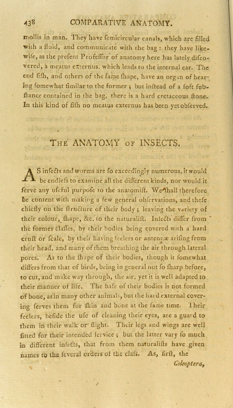 mollis in man. They have femicircular canals, which are filled with a fluid, and communicate with the bag : they have like- wife, as the prefent ProfefTor*of anatomy here has lately difco- vered, a meatus esiernus, which leads to the internal ear. The cod fifli, and others of the fame fliape, have an organ of hear- ing fomewhat limilar to the former •, but inftead of a foft fub- ftance contained in the bag, there is a hard cretaceous ftone. In this kind of fifli no meatus externus has been yetobferved. The ANATOMY of INSECTS. AS infeifls and worms arc fo exceedingly numerous, it would beendlefs to examine all the dilTerent kinds, nor would it ferve any ufeful purpofe to the anacomift. We^all therefore be content with making a few general obfervations, and ihefe chiefly on the flru(flure of their body ; leaving the variety of their coloui', lhape, &c. to the naturalift. lnle£t’s differ from the former clafles, by their bodies being covered with a'hard cruft: or fcale, by their having feelers or antennae arifing from their head, and many of them breathing the air through lateral pores. As to the lhape of their bodies, though it fomewhat differs from that of birds, being in general not fo Iharp before, to cut, and make way through, the air, yet it is well adapted to their manner of life. The bafe of their bodies is not formed I of bone, as in many other animals, but the hard external cover- ing ferves them for flein and bone at the lame time. 1 heir feelers, befide the ufe of cleaning their eyes, are a guard to them in their walk or flight. Their legs and wings are well fitted for their intended fcrvice ; but the latter vary fo much in different infeifts, that from them naturalifts have given names to the fcveral orders of the dais. As, firft, the / Coleoptera, /