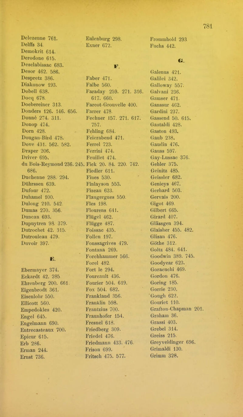 Delffs 34. Exner 672. Fuchs 442 Demokrit 614. Derodone 615. f*. Desclabissac 683. ■ . Desor 462. 586. Galenus 421 Despretz 386. Faber 471. Galilei 342. Diakonow 193. Falbe 560. G-alloway 557. Dobell 638. Faraday 259. 271. 316. Galvani 236. Docq 678. 617. 660. Gamser 471. Doebereiner 313. Farcot-Grouvelle 400. Ganssur 462. Donders 126. 146. 656. Farrer 478 Gardini 237. Donne 274. 311. Fechner 157. 271. 617. Gassend 50. 615. Donop 474. 757. Gastaldi 428. Dorn 428. Fehling 684. Gaston 493. Dougan-Bhd 478. Feierabend 471. Gaub 238. Dove 431. 562. 582. Ferrel 723. (iaudin 476. Draper 206. Ferrini 474. Gauss 597. Driver 695. Feuillet 474. Gay-Lussac 376. du Bois-Reymond 236. 245, , Fick 20. 84. 220. 742. Gehler 375. 686. Fiedler 611. Geinitz 485. Duchenne 288. 294. Fines 530. Geissler 682. Dührssen 639. Finlayson 553. Genieys 467. Dufour 472. Fizeau 623. Gerhard 503. Duhamel 100. Flaugergues 550. Gervais 200. Dulong 210. 542. Fies 198. Gigot 469. Dumas 270. B56. Flourens 641. Gilbert 665. Duncan 693. Flügel 462. Girard 407. Dupuytren 98. 379. Flügge 487. Glässgen 394. Dutrochet 42. 315. Foissac 435. Glaisher 455. 482. Dutrouleau 479. Folien 197. Glisan 476. Duvoir 397. Fonssagrives 479. Göthe 312. Fontana 269. Goltz 484. 641. WS. Forchhammer 566. Goodwin 389. 745. Forel 482. Goodyear 623. Ebermayer 374. Fort le 294. Goracuchi 469. Eckardt 42. 285 Fourcault 436. Gordon 476. Ehrenberg 200. 661. Fourier 504. 619. Goring 185. Eigenbrodt 361. Fox 504. 682. Gorrie 230. Eisenlohr 550. Frankland 356. 'Gongh 622. Ellicott 560. Franklin 598. Gouriet 110. Empedokles 420. Frantzius 700. Grafton-Chapman 201 Engel 645. Fraunhofer 154. Graham 36. Engelmann 690. Fresnel 618. Grassi 403. Entrecasteaux 700. Friedberg 309. Grebel 314. Epicur 615. Friedel 476. Greiss 215. Erb 286. Friedmann 433. 476. Greyveldinger 696. Erman 244. Frison 699. Grimaldi 130. Ernst 736. Fritsch 475. 577. Grimm 328.