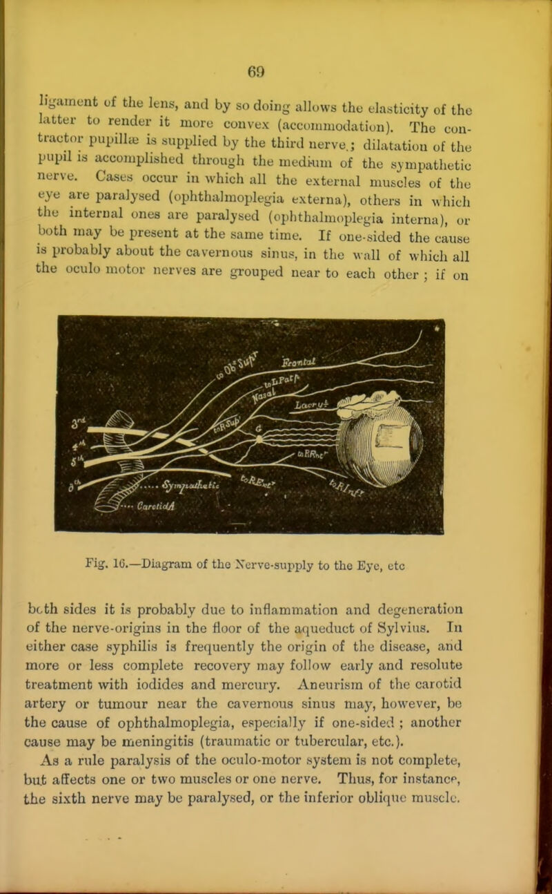 ligament of the lens, and by so doing allows the elasticity of the latter to render it more convex (accommodation). The con- tractor papilla is supplied by the third nerve.; dilatation of the pupil la accomplished through the medium of the sympathetic nerve. Cases occur in which all the external muscles of the eye are paralysed (ophthalmoplegia externa), others in which the internal ones are paralysed (ophthalmoplegia interna), or both may be present at the same time. If one-sided the cause is probably about the cavernous sinus, in the wall of which all the oculo motor nerves are grouped near to each other ; if on Fig. 10.—Diagram of the Nerve-supply to the Eye, etc bcth sides it is probably due to inflammation and degeneration of the nerve-origins in the floor of the aqueduct of Sylvius. In either case syphilis is frequently the origin of the disease, and more or less complete recovery may follow early and resolute treatment with iodides and mercury. Aneurism of the carotid artery or tumour near the cavernous sinus may, however, be the cause of ophthalmoplegia, especially if one-sided ; another cause may be meningitis (traumatic or tubercular, etc.). As a rule paralysis of the oculo-motor system is not complete, bat affects one or two muscles or one nerve. Thus, for instance, the sixth nerve may be paralysed, or the inferior oblique muscle.