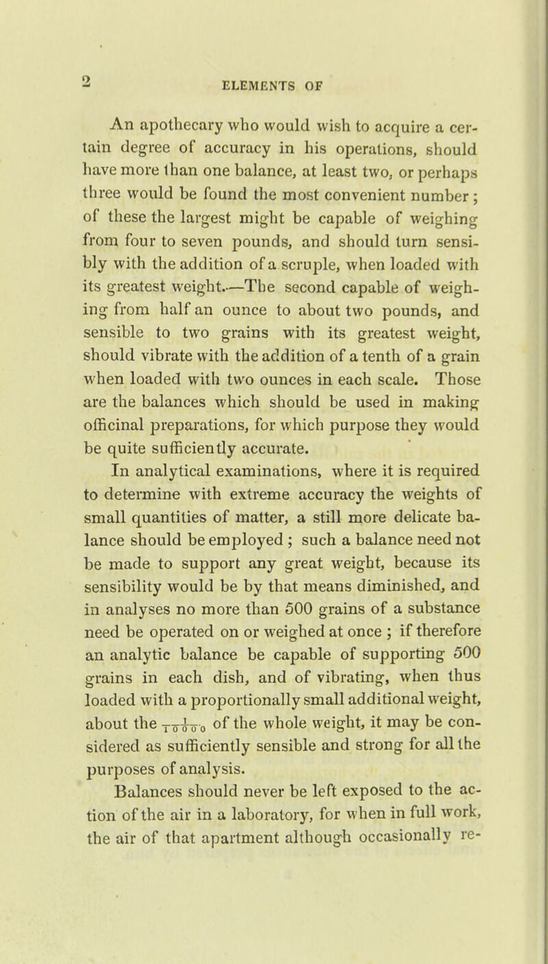 ELEMENTS OF An apothecary who would wish to acquire a cer- tain degree of accuracy in his operations, should have more lhan one balance, at least two, or perhaps three would be found the most convenient number; of these the largest might be capable of weighing from four to seven pounds, and should turn sensi- bly with the addition of a scruple, when loaded with its greatest weight—Tbe second capable of weigh- ing from half an ounce to about two pounds, and sensible to two grains with its greatest weight, should vibrate with the addition of a tenth of a grain when loaded with two ounces in each scale. Those are the balances which should be used in making officinal preparations, for which purpose they would be quite sufficiently accurate. In analytical examinations, where it is required to determine with extreme accuracy the weights of small quantities of matter, a still more delicate ba- lance should be employed ; such a balance need not be made to support any great weight, because its sensibility would be by that means diminished, and in analyses no more than 500 grains of a substance need be operated on or weighed at once ; if therefore an analytic balance be capable of supporting 500 grains in each dish, and of vibrating, when thus loaded with a proportionally small additional weight, about the Toio 0 of the whole weight, it may be con- sidered as sufficiently sensible and strong for all the purposes of analysis. Balances should never be left exposed to the ac- tion of the air in a laboratory, for when in full work, the air of that apartment although occasionally re-