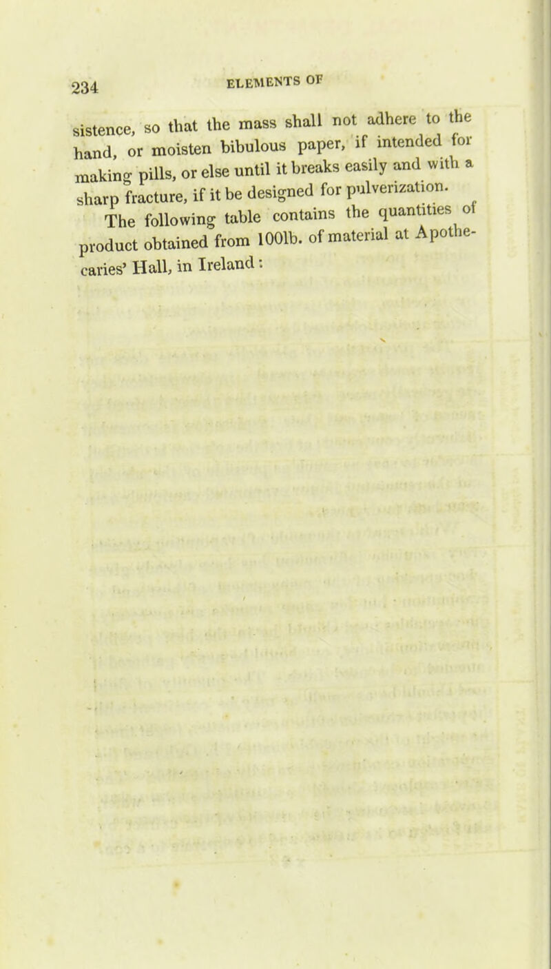 sistence, so that the mass shall not adhere to the hand or moisten bibulous paper, if intended for making pills, or else until it breaks easily and with a sharp fracture, if it be designed for pulverization. The following table contains the quantities of product obtained from 1001b. of material at Apothe- caries' Hall, in Ireland i