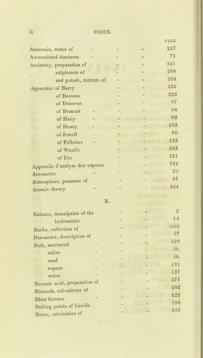 Ammonia, water of Ammoniated tinctures Antimony, preparation of sulpkurets of and potash, tartrate of Apparatus of Barry of Derosne of Donovan of Dumont of Haiiy of Henry of Jewell of Pelletier of Woulfe of Ure Appareils d'analyse des vapeurs Areometer Atmosphere, pressure of Atomic theory B. Balance, description of the hydrostatic Barks, collection of Barometer, description of Bath, mercurial saline sand vapour water Benzoic acid, preparation of Bismuth* sub-nitrate of Blast furnace Boiling points of liquids Bones, calcination of PAGE 247 73 341 288 294 225 222 87 86 82 132 66 133 243 134 194 25 37 2G4 2 14 xviii 37 129 ib. ib. 131 127 271 292 122 180 346