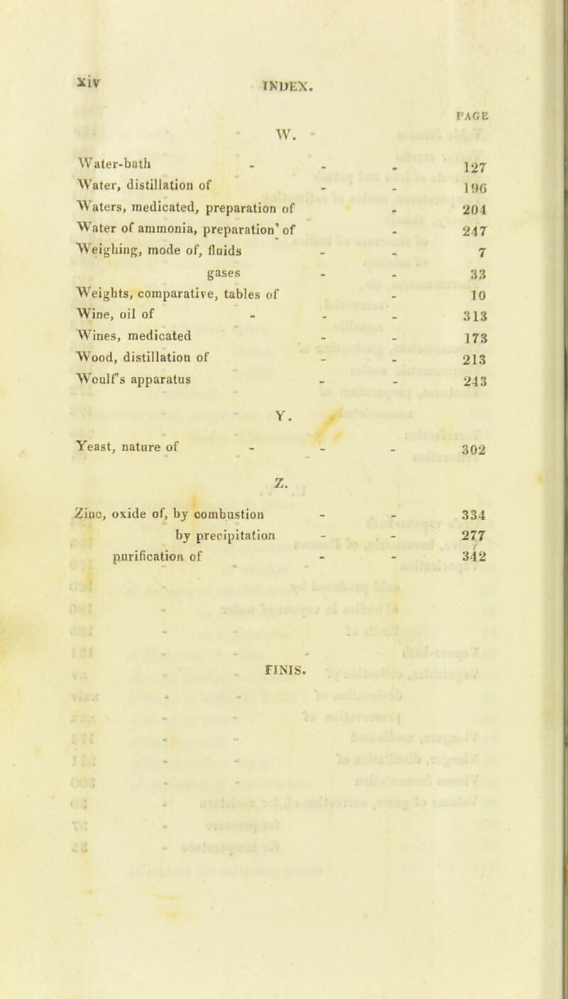 PAGE w. - Water-bath - . . 127 Water, distillation of - 106 Waters, medicated, preparation of . 204 Water of ammonia, preparation'of - 247 Weighing, mode of, fluids - 7 gases - - 33 Weights, comparative, tables of - 10 Wine, oil of - - . 313 Wines, medicated - - 173 Wood, distillation of - - 213 Woulfs apparatus - . 24 :> Y. Yeast, nature of 302 Z. Zinc, oxide of, by combustion - - 334 by precipitation - - 277 purification of - - 342 FINIS.