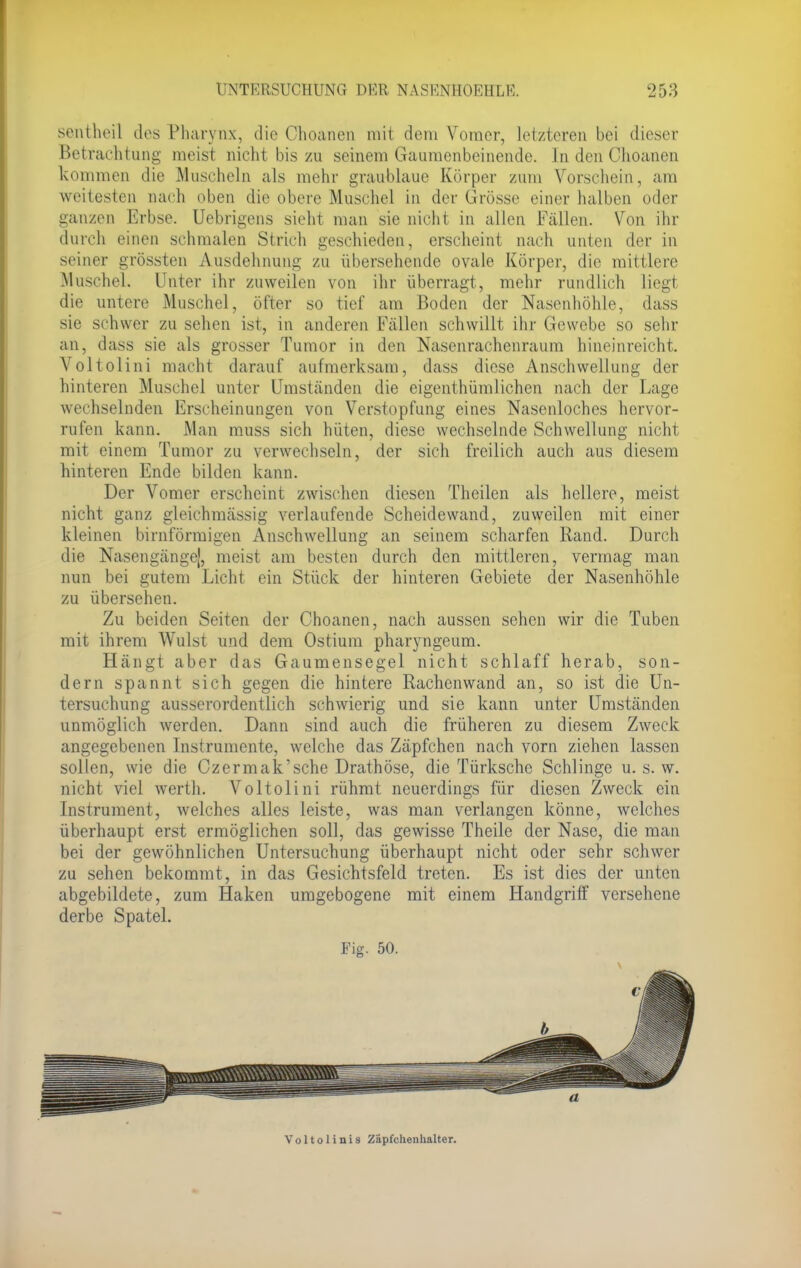 sentheil des Pharynx, die Choanen mit dem Vomer, letzteren bei dieser Betrachtung meisl nicht bis zu seinem Gaumenbeinende, Enden Choanen kommen die Muscheln als mehr graublaue Körper zum Vorschein, am weitesten nach oben die obere Muschel in der Grösse einer halben oder ganzen Erbse. Uebrigens sieht man sie nicht in allen Fällen. Von ihr durch einen schmalen Strich geschieden, erscheint nach unten der in seiner grössten Ausdehnung zu übersehende ovale Körper, die mittlere Muschel. Unter ihr zuweilen von ihr überragt, mehr rundlich liegt die untere Muschel, öfter so tief am Boden der Nasenhöhle, dass sie schwer zu sehen ist, in anderen Fällen schwillt ihr Gewebe so sehr an, dass sie als grosser Tumor in den Nasenrachenraum hineinreicht. Voltolini macht darauf aufmerksam, dass diese Anschwellung der hinteren Muschel unter Umständen die eigentümlichen nach der Lage wechselnden Erscheinungen von Verstopfung eines Nasenloches hervor- rufen kann. Man muss sich hüten, diese wechselnde Schwellung nicht mit einem Tumor zu verwechseln, der sich freilich auch aus diesem hinteren Ende bilden kann. Der Vomer erscheint zwischen diesen Theilen als hellere, meist nicht ganz gleichmässig verlaufende Scheidewand, zuweilen mit einer kleinen birnförmigen Anschwellung an seinem scharfen Rand. Durch die NasengängeJ, meist am besten durch den mittleren, vermag man nun bei gutem Licht ein Stück der hinteren Gebiete der Nasenhöhle zu übersehen. Zu beiden Seiten der Choanen, nach aussen sehen wir die Tuben mit ihrem Wulst und dem Ostium pharyngeum. Hängt aber das Gaumensegel nicht schlaff herab, son- dern spannt sich gegen die hintere Rachenwand an, so ist die Un- tersuchung ausserordentlich schwierig und sie kann unter Umständen unmöglich werden. Dann sind auch die früheren zu diesem Zweck angegebenen Instrumente, welche das Zäpfchen nach vorn ziehen lassen sollen, wie die Czermak'sche Drathöse, die Türksche Schlinge u. s. w. nicht viel werth. Voltolini rühmt neuerdings für diesen Zweck ein Instrument, welches alles leiste, was man verlangen könne, welches überhaupt erst ermöglichen soll, das gewisse Theile der Nase, die man bei der gewöhnlichen Untersuchung überhaupt nicht oder sehr schwer zu sehen bekommt, in das Gesichtsfeld treten. Es ist dies der unten abgebildete, zum Haken umgebogene mit einem Handgriff versehene derbe Spatel. Fig. 50. Voltolinis Zäpfchenhalter.