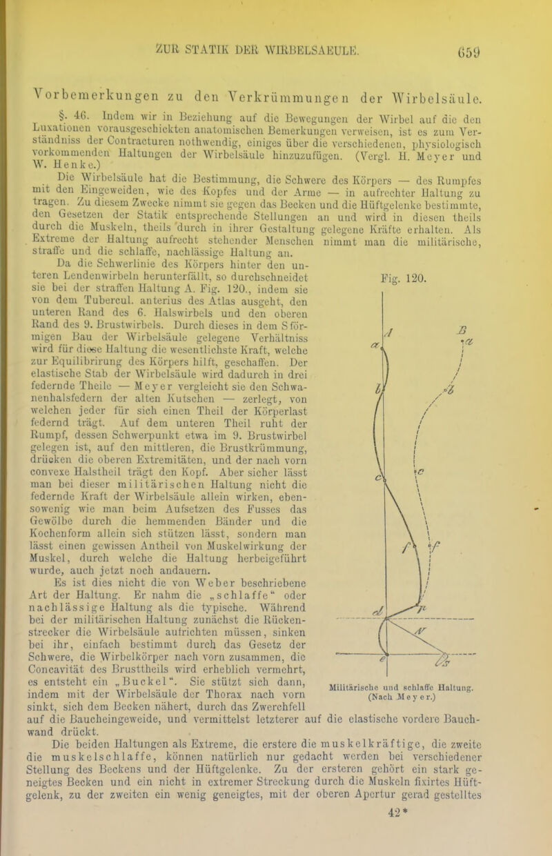 ZUR STATIK DER WIRBELSA EULE. (»59 Vorbemerkungen zu den §. 46. Luxationen hick Verkrümmunge n die der Wirbelsäule. lern wir in Beziehung auf die Bewegungen der Wirbel auf die den vorausgeschickten anatomischen Bemerkungen verweisen, ist es zum Ver- ständnis der Contractureu nothwendig, einiges über die verschiedenen, vorkommenden Haltungen der Wirbelsäule hinzuzufügen. W. ' (VergL 11. es zum physiologisch Meyer und Henk e.) Die Wirbelsäule hat die Bestimmung, die Schwere des Körpers — des Rumpfes mit den Emgeweideu, wie des Kopfes und der Arme — in aufrechter Haltung zu tragen. Zu diesem Zwecke nimmt sie gegen das Becken und die Hüftgelenke bestimmte, entsprechende Stellungen an und wird in diesen theils gelegene nimmt man Kräfte erhalten. Als die militärische, 120. federnd Rumpf, gelesen B A den Gesetzen der Statik durch die Muskeln, theils 'durch in ihrer Gestaltung Extreme der Haltung aufrecht stehender Menschen straffe und die schlaffe, nachlässige Haltung an. Da die Schwerlinie des Körpers hinter den un- teren Lendenwirbeln herunterfällt, so durchschneidet sie bei der straffen Haltung A. Fig. 120., indem sie von dem Tubercul. anterius des Atlas ausgeht, den unteren Rand des 6. Halswirbels und den oberen Rand des 9. Brustwirbels. Durch dieses in dem Sför- migen Bau der Wirbelsäule gelegene Verhältniss wird für diese Haltung die wesentlichste Kraft, welche zur Kquilibrirung des Körpers hilft, geschaffen. Der elastische Stab der Wirbelsäule wird dadurch in drei federnde Theile — Meyer vergleicht sie den Schwa- nenhalsfedern der alten Kutschen — zerlegt, von welchen jeder für sich einen Theil der Körperlast trägt. Auf dem unteren Theil ruht der dessen Schwerpunkt etwa im 9. Brustwirbel ist, auf den mittleren, die Brustkrümmung, drücken die oberen Extremitäten, und der nach vorn convexe Halstheil trägt den Kopf. Aber sicher lässt man bei dieser militärischen Haltung nicht die federnde Kraft der Wirbelsäule allein wirken, eben- sowenig wie man beim Aufsetzen des Fusses das Gewölbe durch die hemmenden Bänder und die Kochen form allein sich stützen lässt, sondern man lässt einen gewissen Antheil von Muskelwirkung der Muskel, durch welche die Haltung herbeigeführt wurde, auch jetzt noch andauern. Es ist dies nicht die von Weber beschriebene Art der Haltung. Er nahm die „schlaffe oder nachlässige Haltung als die typische. Während bei der militärischen Haltung zunächst die Rücken- strecker die Wirbelsäule aulrichten müssen, sinken bei ihr, einfach bestimmt durch das Gesetz der Schwere, die Wirbelkörper nach vorn zusammen, die Concavität des Brusttheils wird erheblich vermehrt, es entsteht ein „Buckel. Sie stützt sich dann, indem mit der Wirbelsäule der Thorax nach vorn sinkt, sich dem Becken nähert, durch das Zwerchfell auf die Baucheingeweide, und vermittelst letzterer auf die elastische vordere Bauch- waud drückt. Die beiden Haltungen als Extreme, die ersterc die mus kelkräf ti ge, die zweite die muskelschlaffe, können natürlich nur gedacht werden bei verschiedener Stellung des Beckens und der Hüftgelenke. Zu der ersteren gehört ein stark ge- neigtes Becken und ein nicht in extremer Streckung durch die Muskeln fixirtes Hüft- gelenk, zu der zweiten ein wenig geneigtes, mit der oberen Apertur gerad gestelltes 42* \ \ \ \ \ \ \ \ \ \ \ * \ \ \ i \ \ A V . l i i i i j i / ■ / ■ / e I % Militärische und schlaffe Haltung. (Nach Heyer.)