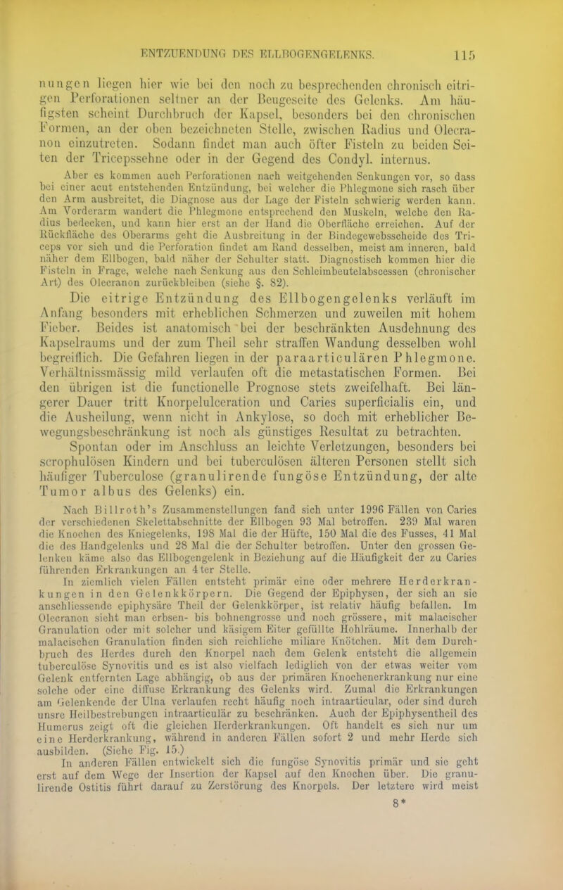 mingcn liegen hier wie bei den noch zu besprechenden chronisch eitri- gen Perforationen seltner an der Beugeseite des Gelenks. Am häu- figsten scheint Durchbruch der Kapsel, besonders bei den chronischen Formen, an der oben bezeichneten Stelle, zwischen Radius und Olecra- non einzutreten. Sodann findet man auch öfter Fisteln zu beiden Sei- ten der Tricepssehne oder in der Gegend des Condyl. internus. Aber es kommen auch Perforationen nach weitgehenden Senkungen vor, so dass bei einer acut entstehenden Entzündung, bei welcher die Phlegmone sich rasch über den Arm ausbreitet, die Diagnose aus der Lage der Fisteln schwierig werden kann. Am Vorderarm wandert die Phlegmone entsprechend den Muskeln, welche den Ra- dius bedecken, und kann hier erst an der Hand die Oberfläche erreichen. Auf der Rückflächc des Oberarms geht die Ausbreitung in der Bindegewebsscheide des Tri- eeps vor sich und die Perforation findet am Rand desselben, meist am inneren, bald näher dem Ellbogen, bald näher der Schulter statt. Diagnostisch kommen hier die Fisteln in Frage, welche nach Senkung aus den Schlcimbeutelabscessen (chronischer Art) des Olccranon zurückbleiben (siehe §. 82). Die citrige Entzündung des Ellbogengelenks verläuft im Anfang besonders mit erheblichen Schmerzen und zuweilen mit hohem Fieber. Beides ist anatomisch bei der beschränkten Ausdehnung des Kapselraums und der zum Theil sehr straffen Wandung desselben wohl begreiflich. Die Gefahren liegen in der paraarticulären Phlegmone. Verhältnissmässig mild verlaufen oft die metastatischen Formen. Bei den übrigen ist die functionclle Prognose stets zweifelhaft. Bei län- gerer Dauer tritt Knorpelulceration und Caries superficialis ein, und die Ausheilung, wenn nicht in Ankylose, so doch mit erheblicher Bc- wegungsbeschränkung ist noch als günstiges Resultat zu betrachten. Spontan oder im Anschluss an leichte Verletzungen, besonders bei scrophulösen Kindern und bei tuberculösen älteren Personen stellt sich häufiger Tuberculose (granulirende fungöse Entzündung, der alte Tumor albus des Gelenks) ein. Nach Billroth's Zusammenstellungen fand sich unter 1996 Fällen von Caries der verschiedenen Skelettabschnitte der Ellbogen 93 Mal betroffen. 239 Mal waren die Knochen des Kniegelenks, 198 Mal die der Hüfte, 150 Mal die des Fusscs, 41 Mal die des Handgelenks und 28 Mal die der Schulter bctrolTcn. Unter den grossen Ge- lenken käme also das Ellbogengelenk in Beziehung auf die Häufigkeit der zu Caries führenden Erkrankungen an 4ter Stelle. In ziemlich vielen Fällen entsteht primär eine oder mehrere Herderkran- kungen in den Ge lenkkörpern. Die Gegend der Epiphysen, der sich an sie anschliessende epiphysäre Theil der Gclenkkörper, ist relativ häufig befallen. Im Olecranon sieht man erbsen- bis bohnengrosse und noch grössere, mit malacischer Granulation oder mit solcher und käsigem Eiter gefüllte Hohlräume. Innerhalb der malacischen Granulation finden sich reichliche miliare Knötchen. Mit dem Durch- hauen des Herdes durch den Knorpel nach dem Gelenk entsteht die allgemein tuberculose Synovitis und es ist also vielfach lediglich von der etwas weiter vom Gelenk entfernten Lage abhängig, ob aus der primären Knochenerkrankung nur eine solche oder eine diffuse Erkrankung des Gelenks wird. Zumal die Erkrankungen am Gelenkende der Ulna verlaufen recht häufig noch intraarticular, oder sind durch unsre Heilbestrebungen intraarticulär zu beschränken. Auch der Epiphysentheil des Humerus zeigt oft die gleichen llerdcrkrankungen. Oft handelt es sich nur um eine Herderkrankung, während in anderen Fällen sofort 2 und mehr Herde sich ausbilden. (Siehe Fig. 15.) In anderen Fällen entwickelt sich die fungöse Synovitis primär und sie geht erst auf dem Wege der Insertion der Kapsel auf den Knochen über. Die granu- lirende Ostitis führt darauf zu Zerstörung des Knorpels. Der letztere wird meist 8*