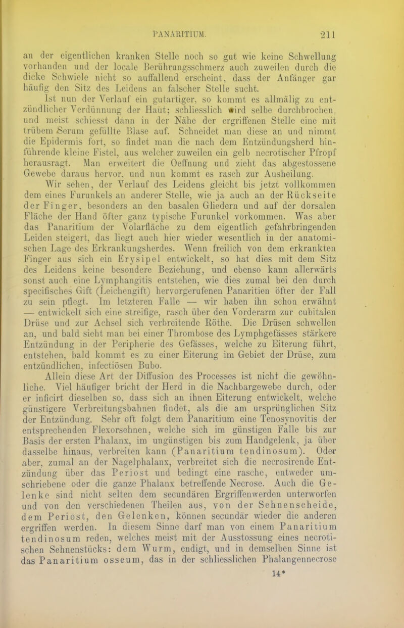 an der eigentlichen kranken Stelle nocli so gut wie keine Schwellung vorhanden und der locale Berührungsschmerz auch zuweilen durch die dicke Schwiele nicht so auffallend erscheint, dass der Anfänger gar häufig den Sitz des Leidens an falscher Stelle sucht. Ist nun der Verlauf ein gutartiger, so kommt es allmälig zu ent- zündlicher Verdünnung der Haut; schliesslich wird selbe durchbrochen, und meist schiesst dann in der Nähe der ergriffenen Stelle eine mit trübem Serum gefüllte Blase auf. Schneidet man diese an und nimmt die Epidermis fort, so findet man die nach dem Entzündungsherd hin- führende kleine Fistel, aus welcher zuweilen ein gelb necrotischer Pfropf herausragt. Man erweitert die Oeffnung und zieht das abgestossene Gewebe daraus hervor, und nun kommt es rasch zur Ausheilung. Wir sehen, der Verlauf des Leidens gleicht bis jetzt vollkommen dem eines Furunkels an anderer Stelle, wie ja auch an der Rückseite der Finger, besonders an den basalen Gliedern und auf der dorsalen Fläche der Hand öfter ganz typische Furunkel vorkommen. Was aber das Panaritium der Volarilächc zu dem eigentlich gefahrbringenden Leiden steigert, das liegt auch hier wieder wesentlich in der anatomi- schen Lage des Erkrankungsherdes. Wenn freilich von dem erkrankten Finger aus sich ein Erysipel entwickelt, so hat dies mit dem Sitz des Leidens keine besondere Beziehung, und ebenso kann allerwärts sonst auch eine Lymphangitis entstehen, wie dies zumal bei den durch speeifisches Gift (Leichengift) hervorgerufenen Panaritien öfter der Fall zu sein pflegt. Im letzteren Falle — wir haben ihn schon erwähnt — entwickelt sich eine streifige, rasch über den Vorderarm zur cubitalen Drüse und zur Achsel sich verbreitende Rothe. Die Drüsen schwellen an, und bald sieht man bei einer Thrombose des Lymphgefässes stärkere Entzündung in der Peripherie des Gefässes, welche zu Eiterung führt, entstehen, bald kommt es zu einer Eiterung im Gebiet der Drüse, zum entzündlichen, infectiösen Bubo. Allein diese Art der Diffusion des Processes ist nicht die gewöhn- liche. Viel häufiger bricht der Herd in die Nachbargewebe durch, oder er inficirt dieselben so, dass sich an ihnen Eiterung entwickelt, welche günstigere Verbreitungsbahnen findet, als die am ursprünglichen Sitz der Entzündung. Sehr oft folgt dem Panaritium eine Tenosynovitis der entsprechenden Flexorsehnen, welche sich im günstigen Falle bis zur Basis der ersten Phalanx, im ungünstigen bis zum Handgelenk, ja über dasselbe hinaus, verbreiten kann (Panaritium tendinosum). Oder aber, zumal an der Nagelphalanx, verbreitet sich die necrosirende Ent- zündung über das Periost und bedingt eine rasche, entweder um- schriebene oder die ganze Phalanx betreffende Necrose. Auch die Ge- lenke sind nicht selten dem secundären Ergriffen werden unterworfen und von den verschiedenen Theilen aus, von der Sehnenscheide, dem Periost, den Gelenken, können secundär wieder die anderen ergriffen werden. In diesem Sinne darf man von einem Panaritium tendinosum reden, welches meist mit der Ausstossung eines necroti- schen Sehnenstücks: dem Wurm, endigt, und in demselben Sinne ist das Panaritium osseum, das in der schliesslichen Phalangennecrose 14*