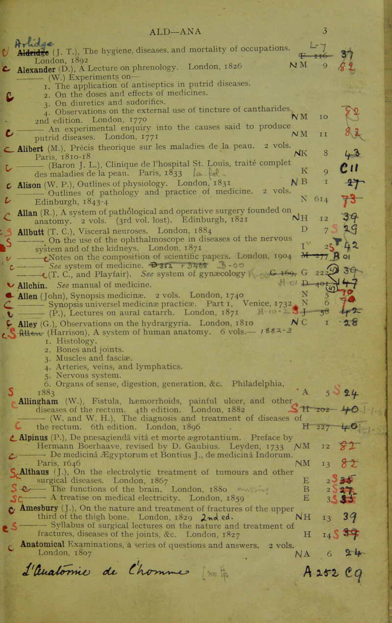 C/ ^^^MT- T-). The hygiene, diseases, and mortality of occupations. ^^7 London, 1892 MM n ^ Alexander (D.), A Lecture on phrenology. London, 1826 9 (W.) Experiments on— I. The application of antiseptics in putrid diseases. r> 2. On the doses and effects of medicines. 3. On diuretics and sudorifics. 4. Observations on the external use of tincture of canthandes. 2nd edition. London, 1770 An experimental enquiry into the causes said to produce putrid diseases. London, 1771 NM Alibert (M.), Precis theorique sur les maladies de la peau. 2 vols. Paris, 1810-18 (Baron J. L.), Clinique de l'hospital St. Louis, traite complet des maladies de la peau. Paris, 1833 C Alison (W. P.), Outlines of physiology. London,'1831 N B .— Outlines of pathology and practice of medicine. 2 vols. ^ Edinburgh, 1843-4 N /» Allan (R.), A system of pathological and operative surgery founded on anatomy. 2 vols. (3rd vol. lost). Edinburgh, 1821 MH AUbutt (T. C), Visceral neuroses. London, 1884 D c . On- the use of the ophthalmoscope in diseases oi the nervous \ system and of the kidneys. London, 1871 I , x/ {Notes on the composition of scientific papers. London, 1904 M—97701 I c. See system of medicine, Jlf r .3>-0o ^-s C(T. C, and Playfair). See system of gynaecology i-. 169,. G 222J* - *s Allchin. See manual of medicine. 1 D 40forJT*? Allen (John), Synopsis medicinae. 2 vols. London, 1740 N ^2^. ^ Synopsis universel medicinae practicae. Parti, Venice, 1732 - N 6 ^ (P.), Lectures on aural catarrh. London, 1871 o-z_5-J——58 '*f*:r Alley (G.), Observations on the hydrargyria. London, 1810 N C 1 3L€ C*S ft^e,vv- (Harrison), A system of human anatomy. 6 vols.— / 1. Histology. 2. Bones and joints. 3. Muscles and fasciae. 4. Arteries, veins, and lymphatics. 5. Nervous system. 6. Organs of sense, digestion, generation, &c. Philadelphia, ,-, j S 1883 'A 5n5^ r. Allingham (W.), Fistula, haemorrhoids, painful ulcer, and other diseases of the rectum. 4th edition. London, 1882 »5TI nr±— (W. and W. H.), The diagnosis and treatment of diseases of C the rectum. 6th edition. London, 1896 . H 227—ly-O £_ Alpinus (P.), De praesagiendS. vita et morte aegrotantium. Preface by Hermann Boerhaave, revised by D. Gaubius. Leyden, 1733 De medicina ^Egyptorum et Bontius J., de medicina Indorum. Paris, 1646 ^rAlthaus (J.), On the electrolytic treatment of tumours and other surgical diseases. London, 1867 S -fe- The functions of the brain. London, 18S0 *y+A rC*-j A treatise on medical electricity. London, 1859 ^ Amesbury (J.), On the nature and treatment of fractures of the upper third of the thigh bone. London, 1829 ^<nol ed- * £ Syllabus of surgical lectures on the nature and treatment of fractures, diseases of the joints, &c. London, 1827 r Anatomical Examinations, a series of questions and answers. 2 vols London, 1807 /vJM 12 NM 13 8~£ E B E 3 3i Mh 13 3<? H NA 6 a if