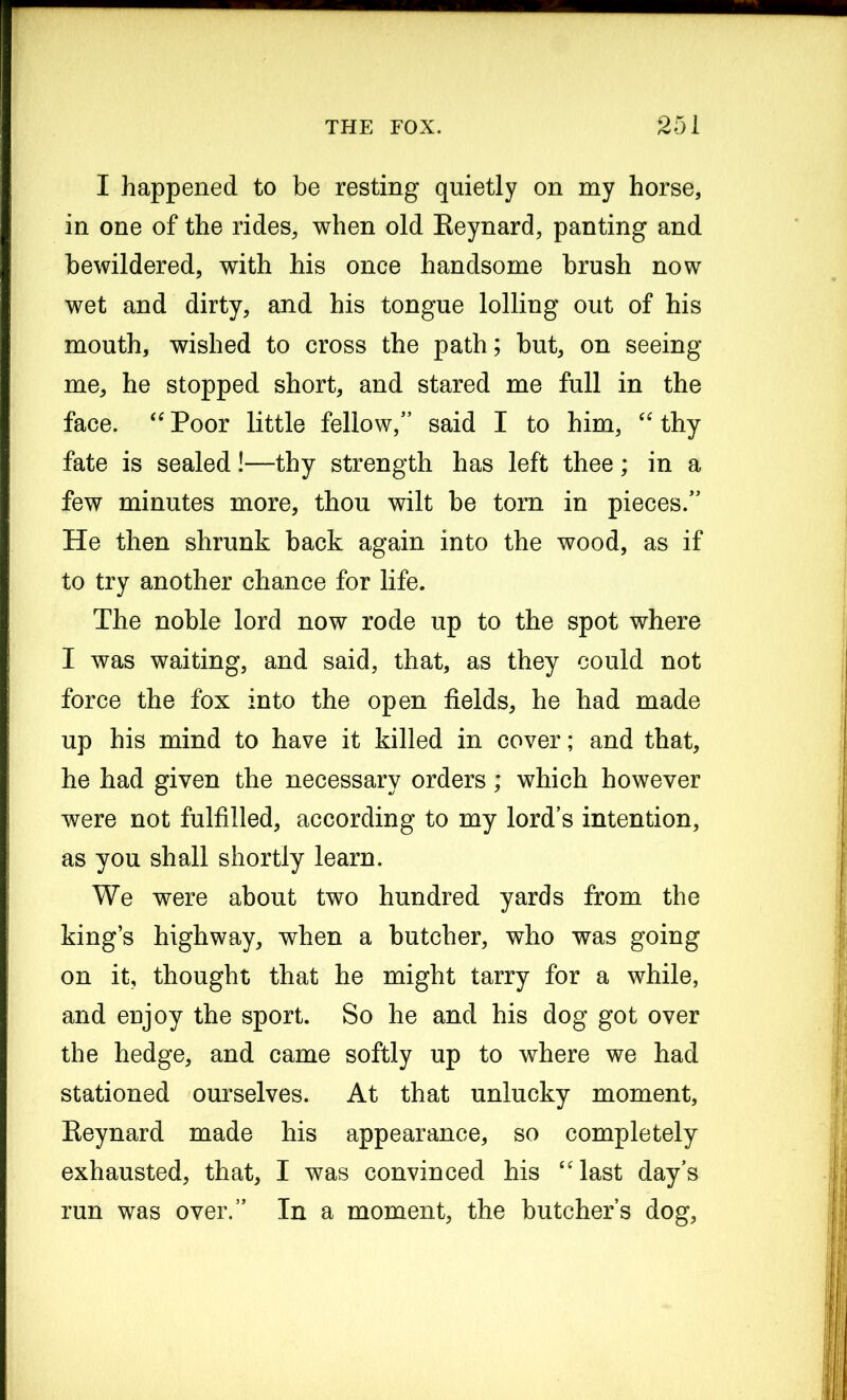 I happened to be resting quietly on my horse, in one of the rides, when old Reynard, panting and bewildered, with his once handsome brush now wet and dirty, and his tongue lolling out of his mouth, wished to cross the path; but, on seeing me, he stopped short, and stared me full in the face. “ Poor little fellow/’ said I to him, “ thy fate is sealed!—thy strength has left thee; in a few minutes more, thou wilt be torn in pieces. He then shrunk back again into the wood, as if to try another chance for life. The noble lord now rode up to the spot where I was waiting, and said, that, as they could not force the fox into the open fields, he had made up his mind to have it killed in cover; and that, he had given the necessary orders; which however were not fulfilled, according to my lord’s intention, as you shall shortly learn. We were about two hundred yards from the king’s highway, when a butcher, who was going on it, thought that he might tarry for a while, and enjoy the sport. So he and his dog got over the hedge, and came softly up to where we had stationed ourselves. At that unlucky moment, Reynard made his appearance, so completely exhausted, that, I was convinced his “last day’s run was over.” In a moment, the butcher’s dog,