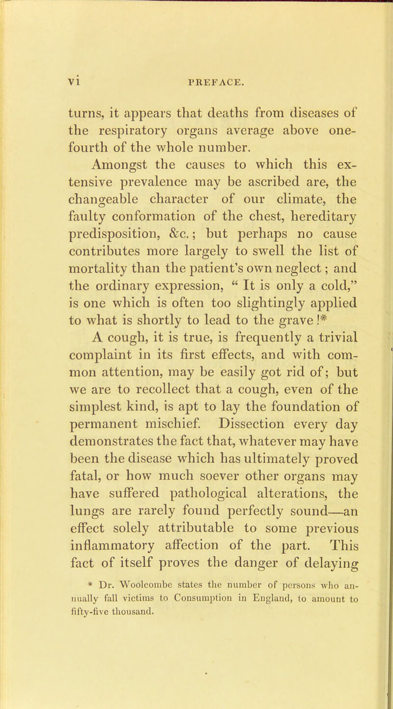 turns, it appears that deaths from diseases of the respiratory organs average above one- fourth of the whole number. Amongst the causes to which this ex- tensive prevalence may be ascribed are, the changeable character of our climate, the faulty conformation of the chest, hereditary predisposition, &c.; but perhaps no cause contributes more largely to swell the list of mortality than the patient's own neglect; and the ordinary expression,  It is only a cold, is one which is often too slightingly applied to what is shortly to lead to the grave !# A cough, it is true, is frequently a trivial complaint in its first effects, and with com- mon attention, may be easily got rid of; but we are to recollect that a cough, even of the simplest kind, is apt to lay the foundation of permanent mischief. Dissection every day demonstrates the fact that, whatever may have been the disease which has ultimately proved fatal, or how much soever other organs may have suffered pathological alterations, the lungs are rarely found perfectly sound—an effect solely attributable to some previous inflammatory affection of the part. This fact of itself proves the danger of delaying * Dr. Woolcorabe states the number of persons who an- nually fall victims to Consumption in England, to amount to fifty-five thousand.