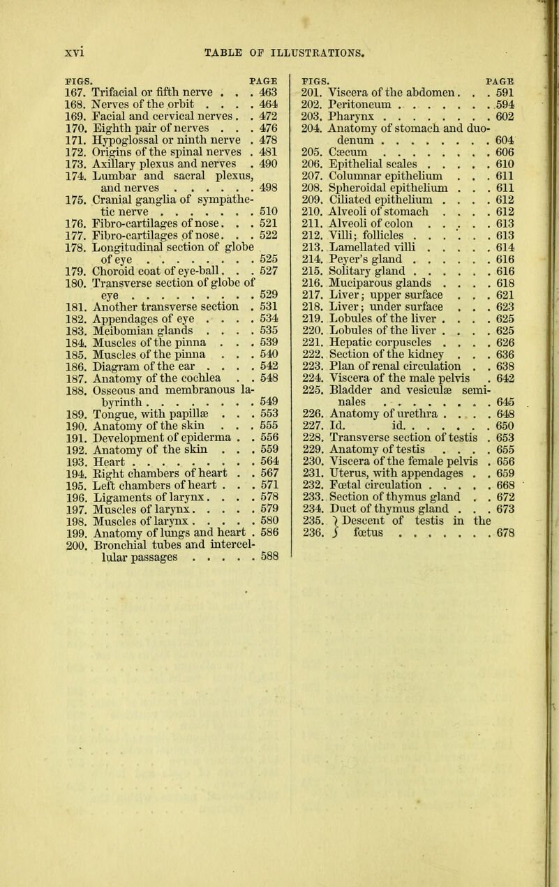 PIGS. PAGE 167. Trifacial or fifth nerve ... 463 168. Nerves of the orbit . . . . 464 169. Facial and cervical nerves . . 472 170. Eighth pair of nerves . . . 476 171. Hypoglossal or ninth nerve . 478 172. Origins of the spinal nerves . 481 173. Axillary plexus and nerves . 490 174. Lumbar and sacral plexus, and nerves 498 175. Cranial gangha of sympathe- tic nerve 510 176. Fibro-cartilages of nose. . .521 177. Fibro-cartUages of nose. . . 522 178. Longitudinal section of globe of eye 525 179. Choroid coat of eye-baU. . .527 180. Transverse section of globe of eye 529 181. Another transverse section . 531 182. Appendages of eye .... 534 183. Meibomian glands .... 535 184. Muscles of the pinna , . .539 185. Muscles of the pinna . , . 540 186. Diagram of the ear ... . 542 187. Anatomy of the cochlea . . 548 188. Osseous and membranous la- byrinth 549 189. Tongue, with papillae . . . 553 190. Anatomy of the skin . . . 555 191. Development of epiderma . . 556 192. Anatomy of the skin . . . 559 193. Heart 564 194. Eight chambers of heart . . 567 195. Left chambers of heart . . .571 196. Ligaments of larynx.... 578 197. Muscles of larynx 579 198. Muscles of larynx 580 199. Anatomy of lungs and heart . 586 200. Bronchial tubes and intercel- lular passages 588 PIGS. PAGE 201. Viscera of the abdomen. . . 591 202. Peritoneum .594 203. Pharynx 602 204. Anatomy of stomach and duo- denum 604 205. Caecum .606 206. EpitheUal scales 610 207. Columnar epithehum . . . 611 208. Spheroidal epithehum . . .611 209. Ciliated epithehum .... 612 210. Alveoh of stomach .... 612 211. Alveoh of colon 613 212. Vilh; foUicles 613 213. LameUated villi 614 214. Peyer's gland 616 215. Sohtary gland 616 216. Muciparous glands .... 618 217. Liver; upper surface . . . 621 218. Liver; under surface . . . 623 219. Lobules of the liver . , . .625 220. Lobules of the hver .... 625 221. Hepatic corpuscles .... 626 222. Section of the kidney . . .636 223. Plan of renal circulation . . 638 224. Viscera of the male pelvis . 642 225. Bladder and vesiculse semi- nales , . 645 226. Anatomy of urethra .... 648 227. Id. id 650 228. Transverse section of testis . 653 229. Anatomy of testis .... 655 230. Viscera of the female pelvis . 656 231. Uterus, with appendages . . 659 232. Fojtal circulation 668 233. Section of thymus gland . .672 234. Duct of thymus gland . . .673 235. ■) Descent of testis in the 236. J foetus 678