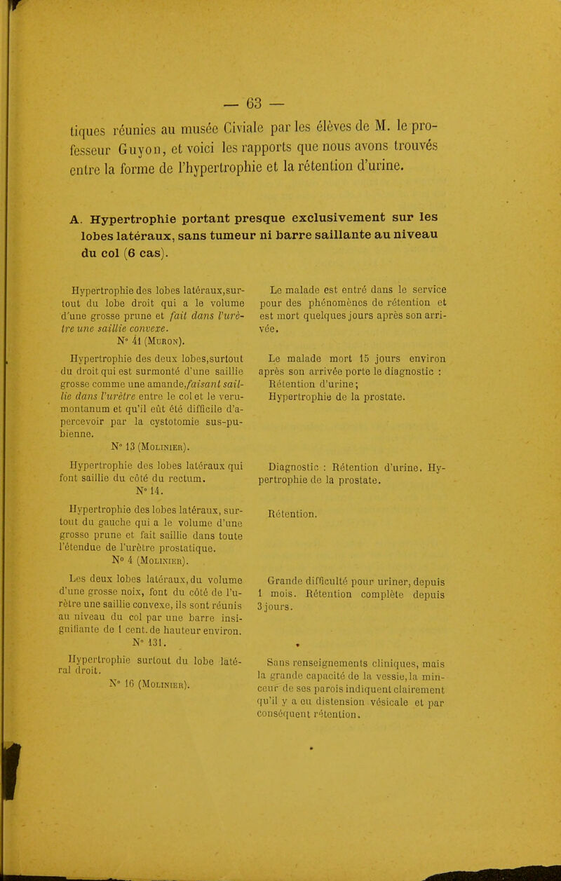 tiques réunies au musée Civiale parles élèves de M. le pro- fesseur Guyon, et voici les rapports que nous avons trouvés entre la forme de l'hypertrophie et la rétention d'urine. A. Hypertrophie portant presque exclusivement sur les lobes latéraux, sans tumeur ni barre saillante au niveau du col (6 cas). Hypertrophie des lobes latéraux,sur- tout du lobe droit qui a le volume d'une grosse prune et fait dans l'urè- tre une saillie convexe. N° 41 (Muron). Hypertrophie des deux lobes,surtout du droit qui est surmonté d'une saillie grosse comme une a.mande,faisanl sail- lie dans l'urètre entre le col et le veru- montanum et qu'il eût été difficile d'a- percevoir par la cystotomie sus-pu- bienne. N° 13 (Molinier). Hypertrophie des lobes latéraux qui font saillie du côté du rectum. N° 14. Hypertrophie des lobes latéraux, sur- tout du gauche qui a le volume d'une grosso prune et fait saillie dans toute l'étendue de l'urètre prostatique. N° 4 (Molixier). Les deux lobes latéraux, du volume d'une grosse noix, font du côté de l'u- rètre une saillie convexe, ils sont réunis au niveau du col par une barre insi- gnifiante de l cent.de hauteur environ. N° 131. Hypertrophie surtout du lobe laté- ral droit. N° 10 (Mounuîr). Le malade est entré dans le service pour des phénomènes de rétention et est mort quelques jours après son arri- vée. Le malade mort 15 jours environ après son arrivée porte le diagnostic : Rétention d'urine; Hypertrophie de la prostate. Diagnostic : Rétention d'urine. Hy- pertrophie de la prostate. Rétention. Grande difficulté pour uriner, depuis 1 mois. Rétention complète depuis 3 jours. Sans renseignements cliniques, mais la grande capacité de la vessie, la min- ceur de ses parois indiquent clairement qu'il y a eu distension vésicale et par conséquent rétention.