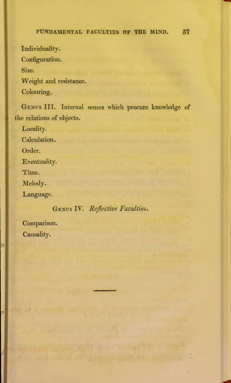 Individuality. Configuration. Size. Weight and resistance. Colouring. Genus III. Internal senses which procure knowledge the relations of objects. Locality. Calculation. Order. Eventuality. Time. Melody. Language. Genus IV. Reflective Faculties, Comparison. Causality.