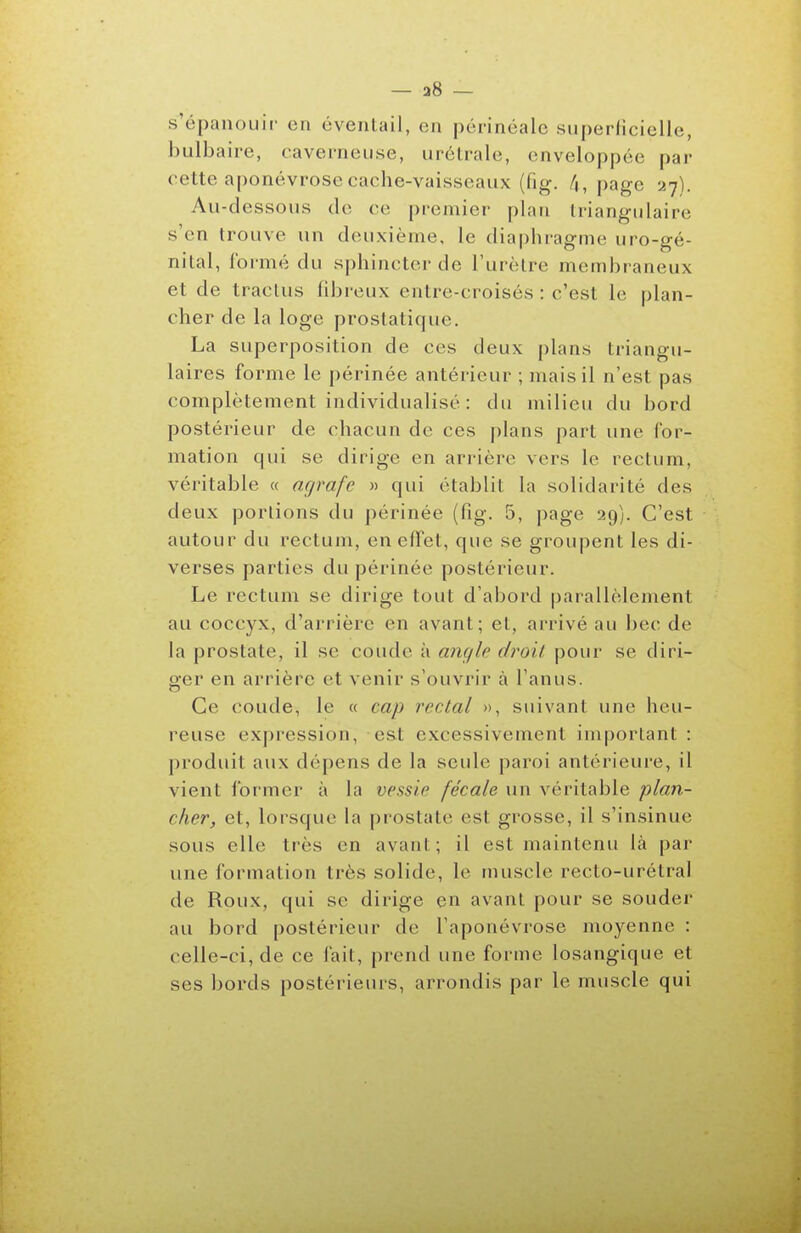s'épanouir en éventail, en périnéalc superficielle, bulbaire, caverneuse, urélrale, enveloppée par cette aponévrose cache-vaisseaux (fig. !\, page 27). Au-dessous do ce premier plan triangulaire s'en trouve un deuxième, le diaphragme uro-gé- nital, formé du sphincter de l'urètre membraneux et de tractus fibreux entre-croisés : c'est le plan- cher de la loge prostatique. La superposition de ces deux plans triangu- laires forme le périnée antérieur ; mais il n'est pas complètement individualisé : du milieu du bord postérieur de chacun de ces plans part une for- mation qui se dirige en arrière vers le rectum, véritable « aç/rafc » qui établit la solidarité des deux portions du périnée (fig. 5, page 29). C'est autour du rectum, enelïet, que se groupent les di- verses parties du périnée postérieur. Le rectum se dirige tout d'abord parallèlement au coccyx, d'arrière en avant; et, arrivé au bec de la prostate, il se coude à angle droit pour se diri- ger en arrière et venir s'ouvrir à l'anus. Ce coude, le « cap rectal », suivant une heu- reuse expression, est excessivement important : [)roduit aux dépens de la seule paroi antérieure, il vient former à la vessie fécale un véritable plan- cher, et, lorsque la prostate est grosse, il s'insinue sous elle très en avant; il est maintenu là par une formation très solide, le muscle recto-urétral de Roux, qui se dirige en avant pour se souder au bord postérieur de l'aponévrose moyenne : celle-ci, de ce fait, prend une forme losangique et ses bords postérieurs, arrondis par le muscle qui