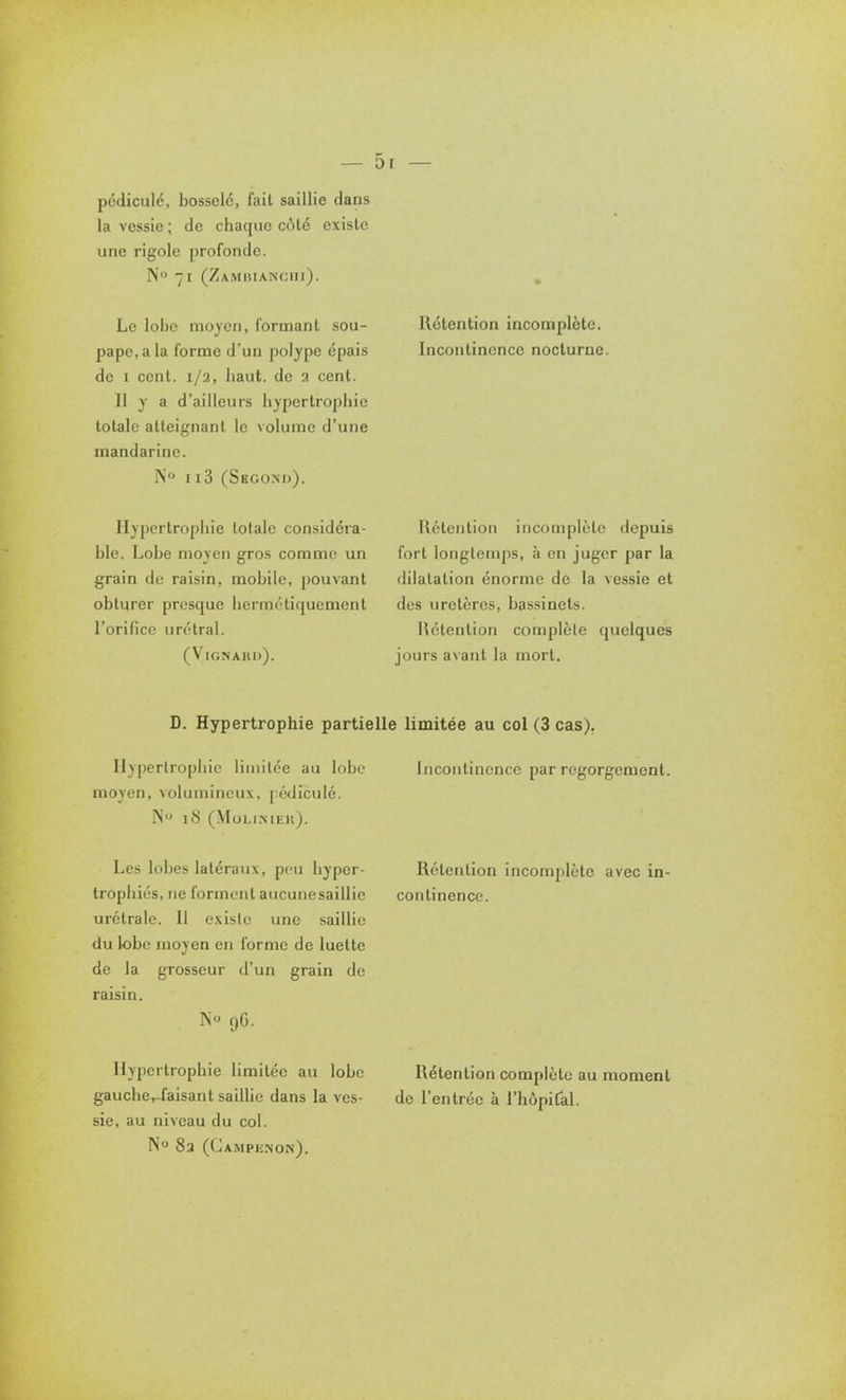 pédicule, bosselé, fail saillie dans la vessie ; de chaque côté existe une rigole profonde. IS 71 (Zamuianciii). Le lobe moyen, formant sou- pape, a la forme d'un polype épais de I cent. 1/2, haut, de 2 cent. Il y a d'ailleurs hypertrophie totale atteignant le volume d'une mandarine. N 113 (Second). llctention incomplète. Incontinence nocturne. Hypertrophie totale considéra- ble. Lobe moyen gros comme un grain de raisin, mobile, pouvant obturer presque hermétiquement rorificc urétral. (Vignakd). Rétention incomplète depuis fort longtemps, à en juger par la dilatation énorme de la vessie et des uretères, bassinets. Kétenlion complète quelques jours avant la mort. D. Hypertrophie partielle limitée au col (3 cas). Hypertrophie limitée au lobe Incontinence par regorgement, moyen, volumineux, pédiculé. N 18 (Molimek). Les lobes latéraux, peu hyper- trophiés, ne forment aucunesaillie urétrale. 11 existe une saillie du lobe moyen en forme de luette de la grosseur d'un grain de raisin. N 9G. Hypertrophie limitée au lobe gauche^falsant saillie dans la ves- sie, au niveau du col. No 82 (Ca.mpi;non). Rétention incomplète avec in- continence. Rétention complète au moment do l'entrée à rhôpiCal.