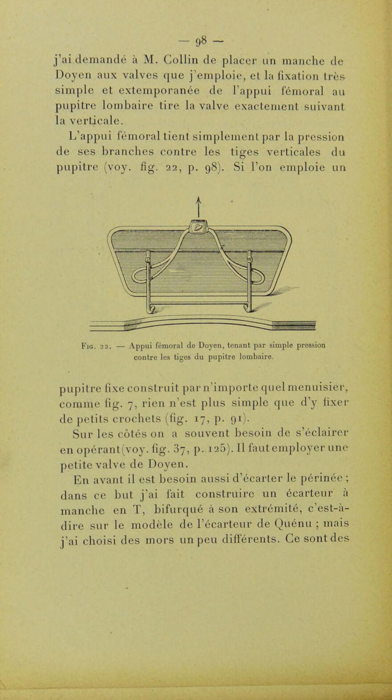 j'ai demandé à M. Collin de placer un manche de Doyen aux valves que j'emploie, et la fixation très simple et extemporanée de l'appui fémoral au pupitre lombaire tire la valve exactement suivant la verticale. L'appui fémoral tient simplement par la pression de ses branches contre les tiges verticales du pupitre (voy. fig. 22, p. 98). Si l'on emploie un t Fig. 22. — Appui fémoral de Doyen, tenant par simple pression contre les tiges du pupitre lombaire. pupitre fixe construit par n'importe quel menuisier, comme fig. 7, rien n'est plus simple que d'y fixer de petits crochets (fig. 17, p. 91). Sur les côtés on a souvent besoin de s'éclairer en opérant(voy. fig. 87, p..i25). Il faut employer une petite valve de Doyen. En avant il est besoin aussi d'écarter le périnée ; dans ce but jai fait construire un écarteur à manche en T, bifurqué à son extrémité, c'est-à- dire sur le modèle de l'écarteur de Quénu ; mais j'ai choisi des mors un peu différents. Ce sont des