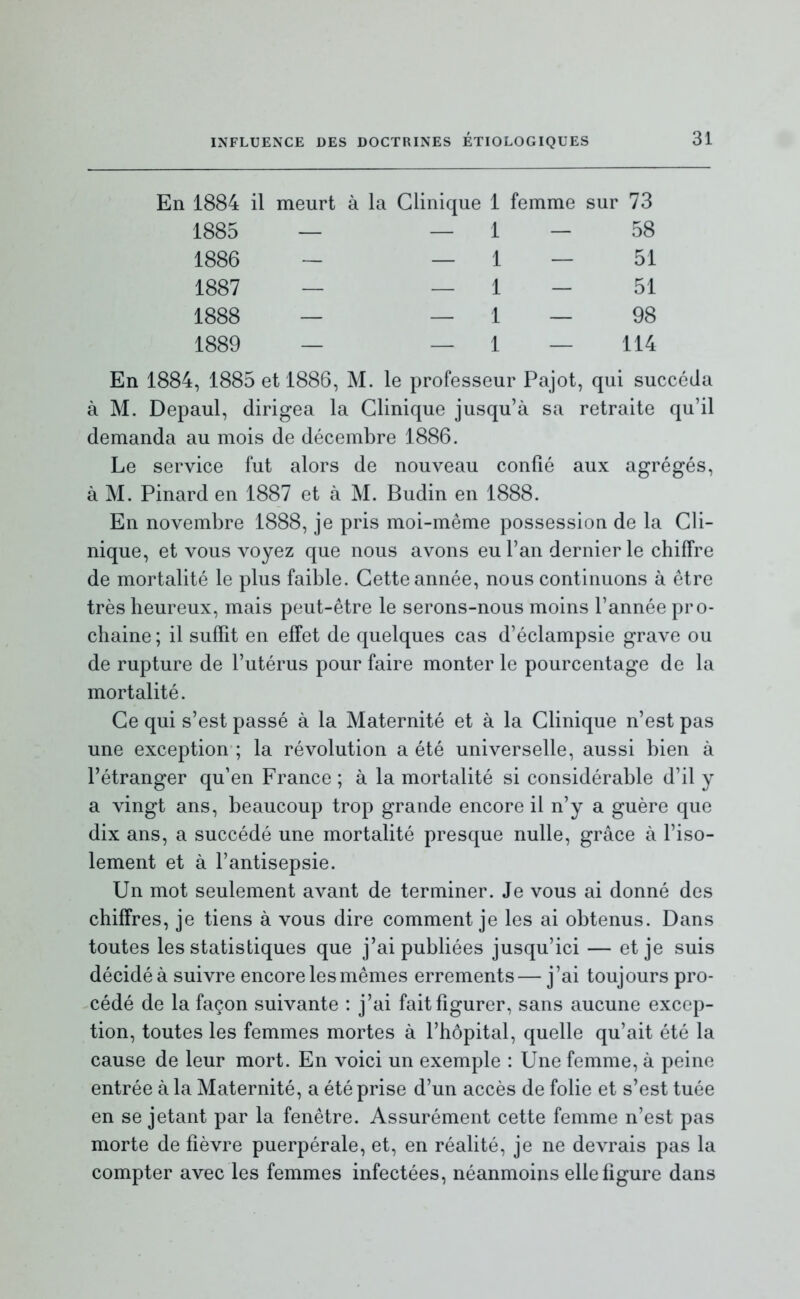 En 1884 il meurt à la Clinique 1 femme sur 73 1885 — _ 1 _ 58 1886 — — 1 — 51 1887 — _ 1 — 51 1888 — — 1 — 98 1889 — — 1 — 114 En 1884, 1885 et 1886, M. le professeur Pajot, qui succéda à M. Depaul, dirigea la Clinique jusqu'à sa retraite qu'il demanda au mois de décembre 1886. Le service fut alors de nouveau confié aux agrégés, à M. Pinard en 1887 et à M. Budin en 1888. En novembre 1888, je pris moi-même possession de la Cli- nique, et vous voyez que nous avons eu l'an dernier le chiffre de mortalité le plus faible. Cette année, nous continuons à être très heureux, mais peut-être le serons-nous moins l'année pro- chaine ; il suffit en effet de quelques cas d'éclampsie grave ou de rupture de l'utérus pour faire monter le pourcentage de la mortalité. Ce qui s'est passé à la Maternité et à la Clinique n'est pas une exception ; la révolution a été universelle, aussi bien à l'étranger qu'en France ; à la mortalité si considérable d'il y a vingt ans, beaucoup trop grande encore il n'y a guère que dix ans, a succédé une mortalité presque nulle, grâce à l'iso- lement et à l'antisepsie. Un mot seulement avant de terminer. Je vous ai donné des chiffres, je tiens à vous dire comment je les ai obtenus. Dans toutes les statistiques que j'ai publiées jusqu'ici — et je suis décidé à suivre encore les mêmes errements—j'ai toujours pro- cédé de la façon suivante : j'ai fait figurer, sans aucune excep- tion, toutes les femmes mortes à l'hôpital, quelle qu'ait été la cause de leur mort. En voici un exemple : Une femme, à peine entrée à la Maternité, a été prise d'un accès de folie et s'est tuée en se jetant par la fenêtre. Assurément cette femme n'est pas morte de fièvre puerpérale, et, en réalité, je ne devrais pas la compter avec les femmes infectées, néanmoins elle figure dans