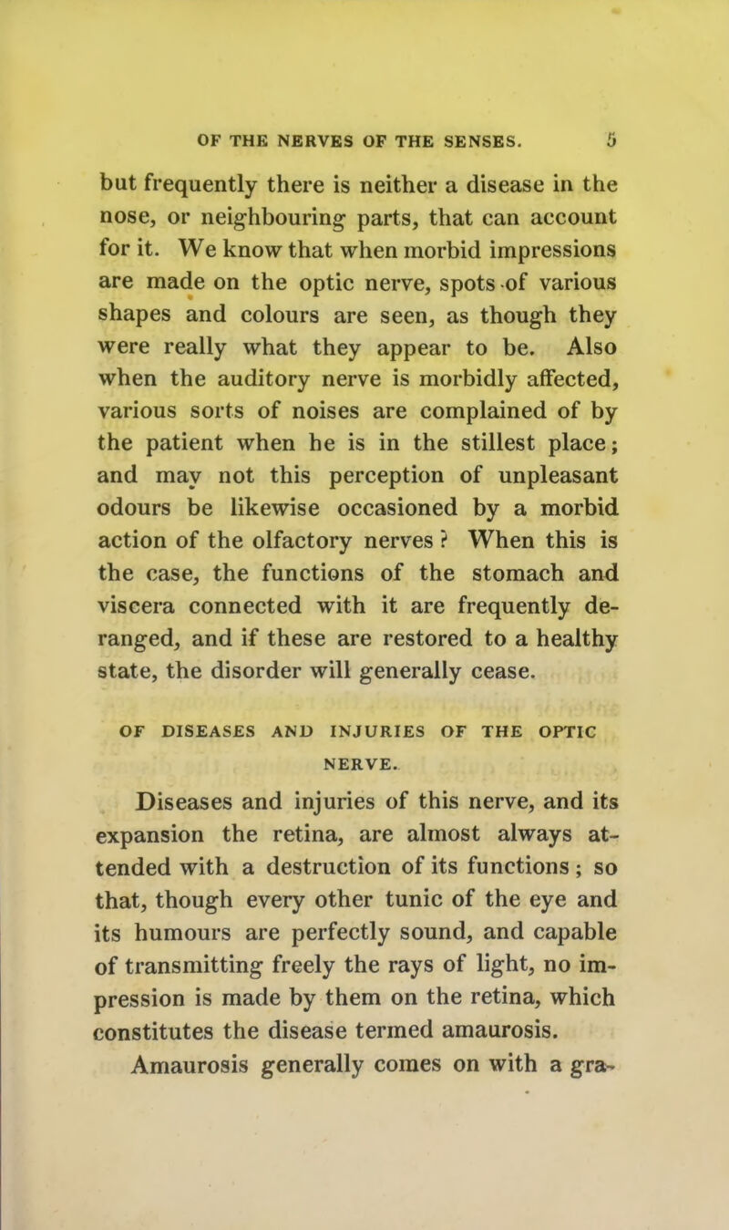 but frequently there is neither a disease in the nose, or neighbouring parts, that can account for it. We know that when morbid impressions are made on the optic nerve, spots of various shapes and colours are seen, as though they were really what they appear to be. Also when the auditory nerve is morbidly affected, various sorts of noises are complained of by the patient when he is in the stillest place; and may not this perception of unpleasant odours be likewise occasioned by a morbid action of the olfactory nerves ? When this is the case, the functions of the stomach and viscera connected with it are frequently de- ranged, and if these are restored to a healthy state, the disorder will generally cease. OF DISEASES AND INJURIES OF THE OPTIC NERVE. Diseases and injuries of this nerve, and its expansion the retina, are almost always at- tended with a destruction of its functions; so that, though every other tunic of the eye and its humours are perfectly sound, and capable of transmitting freely the rays of light, no im- pression is made by them on the retina, which constitutes the disease termed amaurosis. Amaurosis generally comes on with a gra-