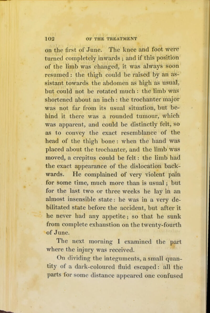 on the first of June. The knee and foot were turned completely inwards ; and if this position of the limb was changed, it was always soon resumed: the thigh could be raised by an as- sistant towards the abdomen as high as usual, but could not be rotated much: the limb was shortened about an inch : the trochanter major was not far from its usual situation, but be- hind it there was a rounded tumour, which was apparent, and could be distinctly felt, so as to convey the exact resemblance of the head of the thigh bone: when the hand was placed about the trochanter, and the limb was moved, a crepitus could be felt: the limb had the exact appearance of the dislocation back- wards. He complained of very violent pain for some time, much more than is usual; but for the last two or three weeks he lay in an almost insensible state: he was in a very de- bilitated state before the accident, but after it he never had any appetite; so that he sunk from complete exhaustion on the twenty-fourth of June. The next morning I examined the part where the injury was received. On dividing the integuments, a small quan- tity of a dark-coloured fluid escaped: all the parts for some distance appeared one confused