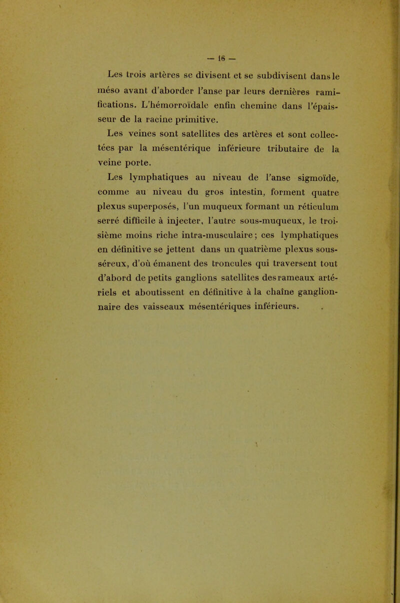 Les trois artères se divisent et se subdivisent dans le méso avant d'aborder l'anse par leurs dernières rami- fications. L'hémorroïdale enfin chemine dans l'épais- seur de la racine primitive. Les veines sont satellites des artères et sont collec- tées par la mésentérique inférieure tributaire de la veine porte. Les lymphatiques au niveau de l'anse sigmoïde, comme au niveau du gros intestin, forment quatre plexus superposés, l'un muqueux formant un réticulum serré difficile à injecter, l'autre sous-muqueux, le troi- sième moins riche intra-musculaire ; ces lymphatiques en définitive se jettent dans un quatrième plexus sous- séreux, d'où émanent des troncules qui traversent tout d'abord de petits ganglions satellites des rameaux arté- riels et aboutissent en définitive à la chaîne ganglion- naire des vaisseaux mésentériques inférieurs.