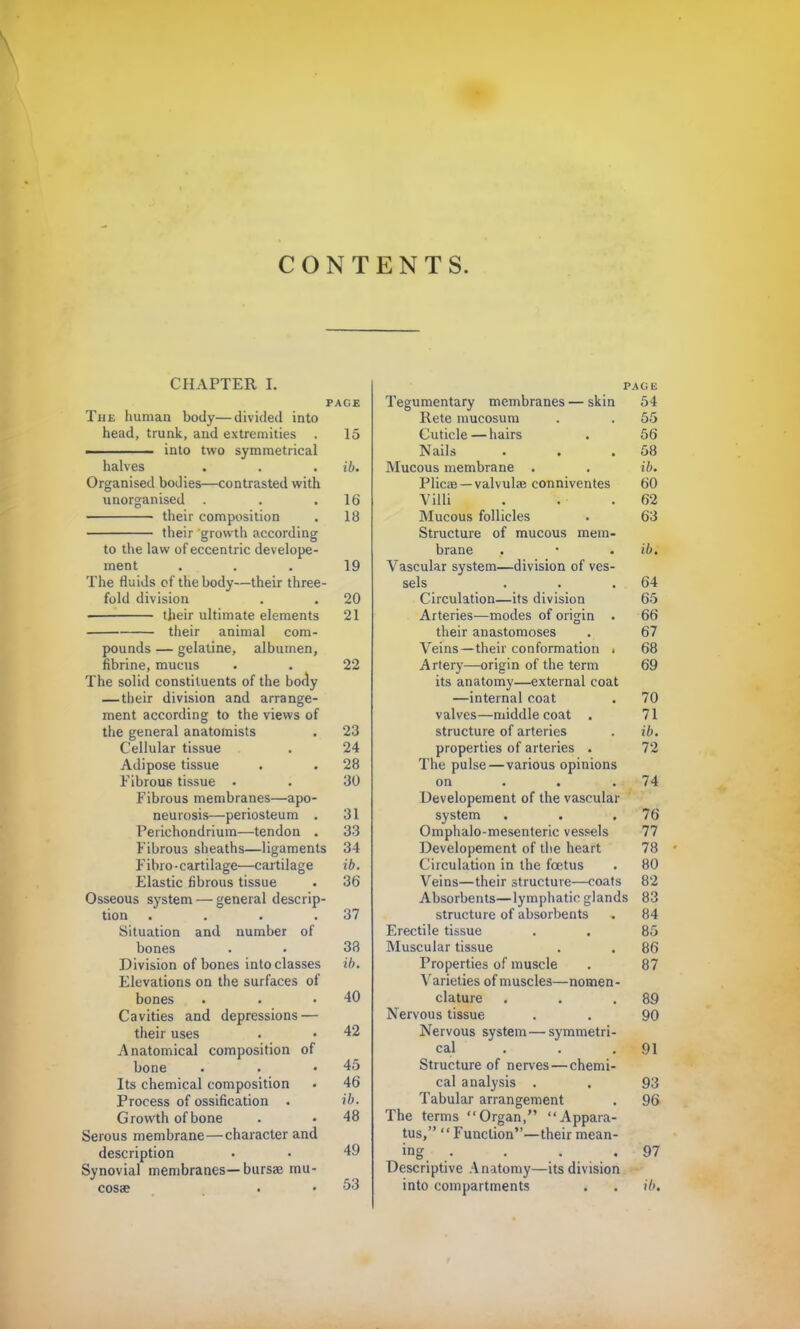 CONTENTS. CHAPTER I. PAGE The human body—divided into head, trunk, and extremities . 15 . into two symmetrical halves . . . ib. Organised bodies—contrasted with unorganised . . .16 their composition . 18 their growth according to the law of eccentric develope- ment ... 19 The fluids of the body—their three- fold division . . 20 their ultimate elements 21 their animal com- pounds — gelatine, albumen, fibrine, mucus . . 22 The solid constituents of the body — their division and arrange- ment according to the views of the general anatomists . 23 Cellular tissue . 24 Adipose tissue . . 28 Fibrous tissue • . 30 Fibrous membranes—apo- neurosis—periosteum . 31 Perichondrium—tendon . 33 Fibrous sheaths—ligaments 34 Fibro-cartilage—cartilage ib. Elastic fibrous tissue . 36 Osseous system — general descrip- tion . . . .37 Situation and number of bones . . 38 Division of bones into classes ib. Elevations on the surfaces of bones . . .40 Cavities and depressions — their uses . 42 Anatomical composition of bone . . .45 Its chemical composition • 46 Process of ossification . ib. Growth of bone . • 48 Serous membrane—character and description . • 49 Synovial membranes—bursa? mu- cosae . • 53 PAG E Tegumentary membranes — skin 54 Rete mucosum . . 55 Cuticle—hairs . 56 Nails . . .58 Mucous membrane . . ib. Plicae — valvules conniventes 60 Villi . . .62 Mucous follicles . 63 Structure of mucous mem- brane . • ib. Vascular system—division of ves- sels . . .64 Circulation—its division 65 Arteries—modes of origin . 66 their anastomoses . 67 Veins—their conformation . 68 Artery—origin of the term 69 its anatomy—external coat —internal coat . 70 valves—middle coat . 71 structure of arteries . ib. properties of arteries . 72 The pulse—various opinions on . . .74 Developement of the vascular system . . .76 Omphalo-mesenteric vessels 77 Developement of the heart 78 Circulation in the foetus . 80 Veins—their structure—coats 82 Absorbents—lymphatic glands 83 structure of absorbents . 84 Erectile tissue . . 85 Muscular tissue . . 86 Properties of muscle . 87 Varieties of muscles—nomen- clature . . .89 Nervous tissue . . 90 Nervous system—symmetri- cal . . .91 Structure of nerves—chemi- cal analysis . . 93 Tabular arrangement . 96 The terms Organ, Appara- tus, '' Function—their mean- ing . . . . 97 Descriptive Anatomy—its division into compartments . . ib.