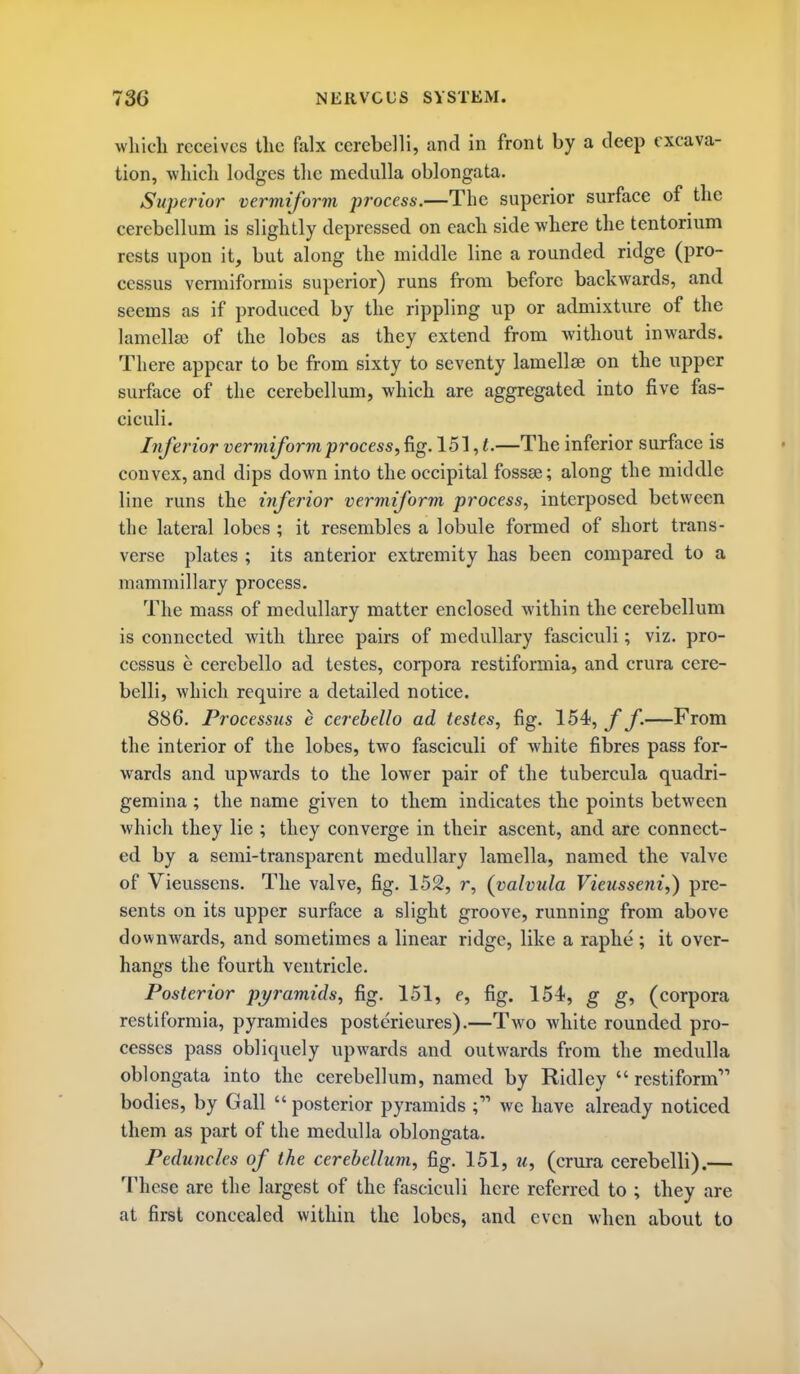 which receives the falx cerebelli, and in front by a deep excava- tion, wliich lodges tlic medulla oblongata. Superior vermiform process.—The superior surface of the cerebellum is slightly depressed on each side where the tentorium rests upon it, but along the middle line a rounded ridge (pro- cessus vermiformis superior) runs from before backwards, and seems as if produced by the rippling up or admixture of the lainellffi of the lobes as they extend from without inwards. There appear to be from sixty to seventy lamellae on the upper surface of the cerebellum, which are aggregated into five fas- ciculi. Inferior vermiform process., fig. 151, t.—The inferior surface is convex, and dips down into the occipital fossae; along the middle line runs the inferior vermiform process, interposed between the lateral lobes ; it resembles a lobule formed of short trans- verse plates ; its anterior extremity has been compared to a mammillary process. The mass of medullary matter enclosed within the cerebellum is connected with three pairs of medullary fasciculi; viz. pro- cessus e cerebello ad testes, corpora restiformia, and crura cere- belli, which require a detailed notice. 886. Processus e cerebello ad testes, fig. 154}, f f.—From the interior of the lobes, two fasciculi of white fibres pass for- wards and upwards to the lower pair of the tubercula quadri- gemina ; the name given to them indicates the points between which they lie ; they converge in their ascent, and are connect- ed by a semi-transparent medullary lamella, named the valve of Vieussens. The valve, fig. 152, r, (valvula Vieiisseni,) pre- sents on its upper surface a slight groove, running from above downwards, and sometimes a linear ridge, like a raphe; it over- hangs the fourth ventricle. Posterior pyramids, fig. 151, e, fig. 154, g g, (corpora restiformia, pyramides posterieures).—Two white rounded pro- cesses pass obliquely upwards and outwards from the medulla oblongata into the cerebellum, named by Ridley  restiform bodies, by Gall  posterior pyramids we have already noticed them as part of the medulla oblongata. Peduncles of the cerebellum, fig. 151, u, (crura cerebelli).— These are the largest of the fasciculi here referred to ; they are at first concealed within the lobes, and even when about to