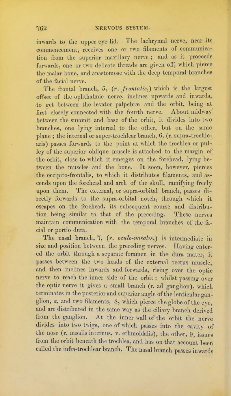 inwards to the upper eye-lid. The lachrymal nerve, near its commencement, receives one or two filaments of communica- tion from the superior maxillary nerve ; and as it proceeds forwards, one or two delicate threads are given off, which pierce the malar bone, and anastomose with the deep temporal branches of the facial nerve. The frontal branch, 5, (r. frontalis^) which is the largest offset of the ophthalmic nerve, inclines upwards and inwards, to get between the levator palpebrsc and the orbit, being at first closely connected with the fourth nerve. About midway between the summit and base of the orbit, it divides into two branches, one lying internal to the other, but on the same plane ; the internal or super-trochlear branch, 6, (r. supra-trochle- aris) passes forwards to the point at which the trochlea or pul- ley of the superior oblique muscle is attached to the margin of the orbit, close to which it emerges on the forehead, lying be- tween the muscles and the bone. It soon, however, pierces the occipito-frontalis, to which it distributes filaments, and as- cends upon the forehead and arch of the skull, ramifying freely upon them. The external, or supra-orbital branch, passes di- rectly forwards to the supra-orbital notch, through which it escapes on the forehead, its subsequent course and distribu- tion being similar to that of the preceding. These nerves maintain communication with the temporal branches of the fa- cial or portio dura. The nasal branch, 7, (r. oado-nasalis,) is intermediate in size and position between the preceding nerves. Having enter- ed the orbit through a separate foramen in the dura mater, it passes between the two heads of the external rectus muscle, and then inclines inwards and forwards, rising over the optic nerve to reach the inner side of the orbit: whilst passing over the optic nerve it gives a small branch (r. ad ganglion), which terminates in the posterior and superior angle of the lenticular gan- glion, a, and two filaments, 8, which pierce the globe of the eye, and are distributed in the same way as the ciliary branch derived from the ganglion. At the inner wall of the orbit the nerve divides into two twigs, one of which passes into the cavity of the nose (r. nasalis internus, v. ethmoidalis), the other, 9, issues from the orbit beneath the trochlea, and has on that account been called the infra-trochlear branch. The nasal branch passes inwards