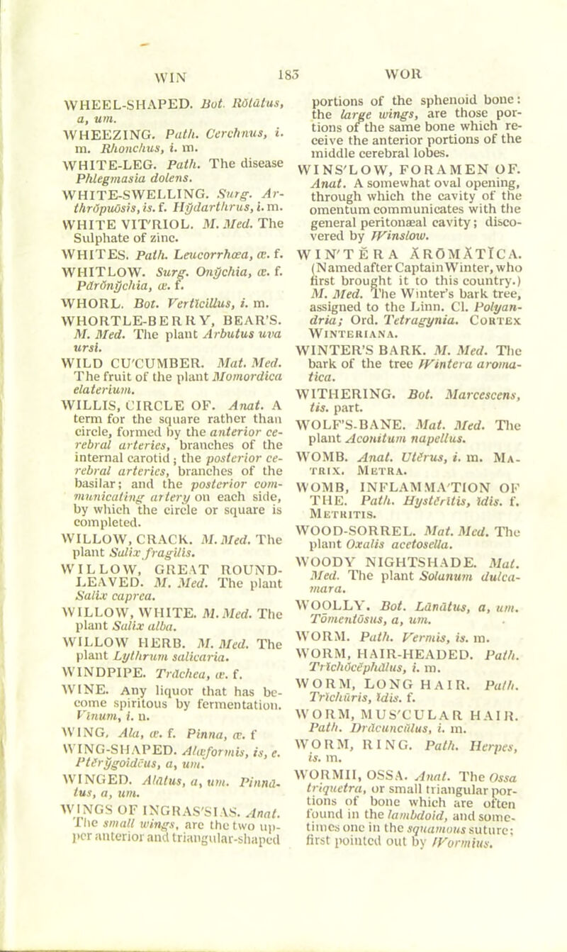 WIN WHEEL-SHAPED. But. Rdtutus, a, um. WHEEZING. Path. Cerchnus, i. m. Rhonchus, i. m. WHITE-LEG. Path. The disease Phlegmasia dolens. WHITE-SWELLING. Surg. Ar- thrdpuOsis, is. f. Hpdarthrus, i. m. WHITE VITRIOL. ill. Med. The Sulphate of zinc. WHITES. Path. Leucorrheea, <e. f. WHITLOW. Surg. Onpchia, ce. f. Pdr Onychia, at. f. WHORL. But. Vertlcillus, i. m. WHORTLE-B E R R V, BEAR’S. M. Med. The plant Arbutus uva ursi. WILD CU'CUMBER. Mat. Med. The fruit of the plant Momordica elaterium. WILLIS, CIRCLE OF. Anat. A term for the square rather than circle, formed by the anterior ce- rebral arteries, branches of the internal carotid; the posterior ce- rebral arteries, branches of the basilar; and the posterior com- municating artery on each side, by which the circle or square is completed. WILLOW, CRACK. M. Med. The plant Salix Jragilis. WILLOW, GREAT ROUND- LEAVED. ill. Med. The plant Salix caprea. WILLOW, WHITE. M.Med. The plant Salix alba. WILLOW HERB. M. Med. The plant Lythrum salicaria. WINDPIPE. Trdchea, as. f. WINE. Any liquor that has be- come spiritous by fermentation. Vinum, i. n. WING, Ala, as. f. Pinna, a;, f WING-SHAPED. Alceformis, is, e. PtOrygoidcus, a, um. WINGED. Alatus, a, um. Pinnd- tus, a, um. WINGS OF INGRAS'SIAS. Anal. I be small wings, are the two up- per anterior and triangular-shaped portions of the sphenoid bone: the large wings, are those por- tions of tire same bone which re- ceive the anterior portions of the middle cerebral lobes. WINS'LOW, FORAMEN OF. Anat. A somewhat oval opening, through which the cavity of the omentum communicates with the general peritonaeal cavity; disco- vered by JVinslow. WIN'TERA AROMXTiCA. (Namedafter CaptainWinter, who first brought it to this country.) M. Med. The Winter’s bark tree, assigned to the Linn. Cl. Polyan- dria; Ord. Tetragynia. Cortex WlNTERIANA. WINTER’S BARK. M. Med. The bark of the tree IVinter a aroma- tica. WITHERING. Bot. Marcescens, tis. part. WOLF’S-BANE. Mat. Med. The plant Aconitum napellus. WOMB. Anat. Uterus, i. m. Ma- trix. Metra. WOMB, INFLAMMA'TION OF THE. Path. Hysteritis, idis. f. Metritis. WOOD-SORREL. Mat. Med. The plant Oxalis acetosella. WOODY NIGHTSHADE. Mat. Med. The plant Solarium dulca- mara. WOOLLY. Bot. Ldndtus, a, um. Tomentosus, a, um. WORM. Path. Vermis, is. in. WORM, HAIR-HEADED. Path. TrichucepFuUtis, i. m. WORM, LONG HAIR. Path. Trlchilris, Idis. f. WORM, MUS'CULA R HAIR. Path. Drtlcuncillus, i. m. WORM, RING. Path. Herpes, is. m. WORMII, OSSA. Anat. The Ossa triquetra, or small triangular por- tions of bone which are often found in the lambdoid, and some- times one in the squamous suture: first pointed out by tVormius.