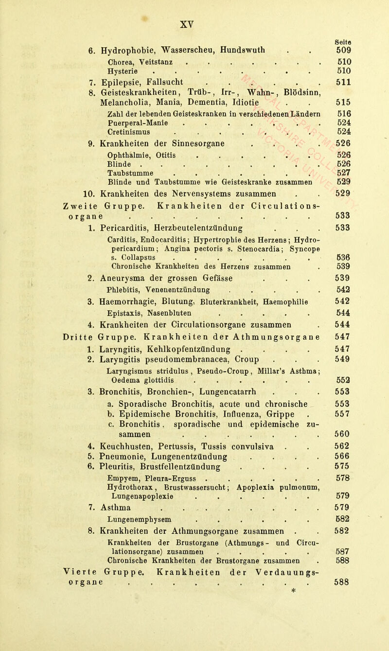 Seite 6. Hydrophobie, Wasserscheu, Hundswuth . . 509 Chorea, Veitstanz ....... 510 Hysterie ........ 510 7. Epilepsie, Fallsucht 511 8. Geisteskrankheiten, Trüb-, Irr-, Wahn-, Blödsinn, Melancholia, Mania, Dementia, Idiotie . . 515 Zahl der lebenden Geisteskranken in verschiedenen Ländern 516 Paerperal-Manie ....... 524 Cretinismus . ...... 524 9. Krankheiten der Sinnesorgane .... 526 Ophthalmie, Otitis 526 Blinde 526 Taubstumme ....... 527 Blinde und Taubstumme wie Geisteskranke zusammen 529 10. Krankheiten des Nervensystems zusammen . . 529 Zweite Gruppe. Krankheiten der Circulations- organe ......... 533 1. Pericarditis, Herzbeutelentzündung . . . 533 Oarditis, Endocarditis; Hypertrophie des Herzens; Hydro- pericardium; Angina pectoris s. Stenocardia; Syncope s. Collapsus ....... 536 Chronische Krankheiten des Herzens zusammen . 539 2. Aneurysma der grossen Gefässe . . . 539 Phlebitis, Venenentzündung ..... 542 3. Haemorrhagie, Blutung, Bluterkrankheit, Haemophilie 542 Epistaxis, Nasenbluten ..... 544 4. Krankheiten der Circulationsorgane zusammen . 544 Dritte Gruppe. Krankheiten der Athmungsorg an e 547 1. Laryngitis, Kehlkopfentzündung .... 547 2. Laryngitis pseudomembranacea, Croup . . . 549 Laryngismus stridulus , Pseudo-Croup, Millar's Astbma; Oedema glottidis ...... 552 3. Bronchitis, Bronchien-, Lungencatarrh . . . 553 a. Sporadische Bronchitis, acute und chronische 553 b. Epidemische Bronchitis, Influenza, Grippe . 557 c. Bronchitis, sporadische und epidemische zu- sammen ....... 560 4. Keuchhusten, Pertussis, Tussis convulsiva . . 562 5. Pneumonie, Lungenentzündung .... 566 6. Pleuritis, Brustfellentzündung .... 575 Empyem, Pleura-Erguss ...... 578 Hydrothorax, Brustwassersucht; Apoplexia pulmonum, Lungenapoplexie ...... 579 7. Asthma 579 Lungenemphysem ...... 582 8. Krankheiten der Athmungsorgane zusammen . . 582 Krankheiten der Brustorgane (Athmungs- und Circu- lationsorgane) zusammen ..... 587 Chronische Krankheiten der Brastorgane zusammen . 588 Vierte Gruppe. Krankheiten der Verdauungs- organe 588 *