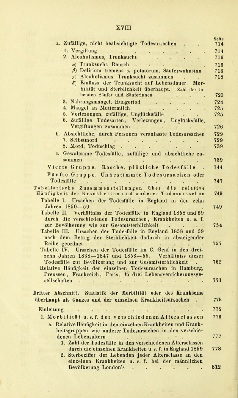 Seite a. Zufällige, nicht beabsichtigte Todesursachen . . 714 1. Vergiftung . . . . . . . . 714 2. Alcoholismus, Trunksucht .... 716 a) Trunksucht, Rausch ...... 716 ß) Delirium tremens s. potatorum, Säuferwahnsinn 716 y) Alcoholismus, Trunksucht zusammen . . 718 S) Einfluss der Trunksucht auf Lebensdauer, Mor- bilität und Sterblichkeit überhaupt. Zahl der le- benden Säufer und Säuferinnen .... 720 3. Nahrungsmangel, Hungertod .... 724 4. Mangel an Muttermilch 725 5. Verlezungen, zufällige, Unglücksfälle . . 725 6. Zufällige Todesarten, Verlezungen, Unglücksfälle, Vergiftungen zusammen ..... 726 b. Absichtliche, durch Personen veranlasste Todesursachen 729 7. Selbstmord 729 8. Mord, Todtschlag 739 c. Gewaltsame Todesfälle, zufällige und absichtliche zu- sammen 739 Vierte Gruppe. Rasche, plözliche Todesfälle . 744 Fünfte Gruppe. Un b e s ti mm te To d es u r Sachen oder Todesfälle 747 Tabellarische Zusammenstellungen über die relative Häufigkeit der Krankheiten und anderer Todesursachen 749 Tabelle 1. Ursachen der Todesfälle in England in den zehn Jahren 1850—59 749 Tabelle II. Verhältniss der Todesfälle in England 1858 und 59 durch die verschiedenen Todesursachen , Krankheiten u. s. f. zur Bevölkerung wie zur Gesamfsterblichkeit . . . 754 Tabelle III. Ursachen der Todesfälle in England 1858 und 59 nach dem Betrag der Sterblichkeit dadurch in absteigender Reihe geordnet 757 Tabelle IV. Ursachen der Todesfälle im C. Genf in den drei- zehn Jahren 1838 —1847 und 1853—55. Verhältniss dieser Todesfälle zur Bevölkerung und zur Gesamtsterblichkeit . 762 Relative Häufigkeit der einzelnen Todesursachen in Hamburg, Preussen, Frankreich, Paris, Jn drei Lebensversicherungsge- sellschaften 771 Dritter Abschnitt. Statistik der Morbilität oder des Krankseins überhaupt als Ganzes und der einzelnen Krankheitsursachen . 775 Einleitung 775 I. Morbilität u. s. f. der v e rs ch ied enen AI tera cl a s s en 776 a. Relative Häufigkeit in den einzelnen Krankheiten und Krank- heitsgruppen wie anderer Todesursachen in den verschie- denen Lebensaltern . . . . . . . 777 1. Zahl der Todesfälle in den verschiedenen Altersclassen durch die einzelnen Krankheiten u.s. f. in England 1859 778 2. Sterbezifi'er der Lebenden jeder Altersclasse an den einzelnen Krankheiten u. s. f. bei der männlichen Bevölkerung London's ...... 812