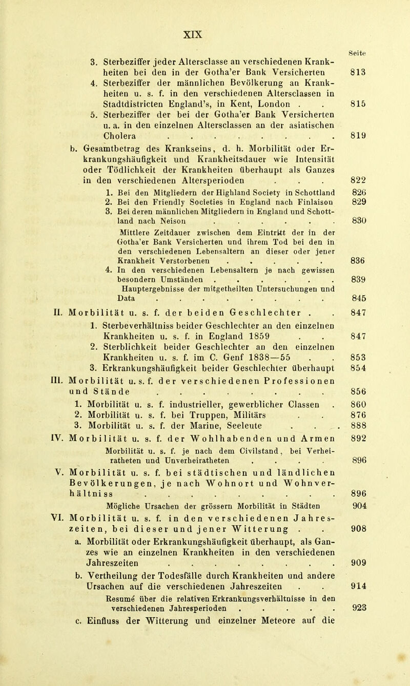 Seite 3. Sterbeziffer jeder Altersclasse an verschiedenen Krank- heiten bei den in der Gotha'er Bank Versicherten 813 4. Sterbeziffer der männlichen Bevölkerung an Krank- heiten u. s. f. in den verschiedenen Altersclassen in Stadtdistricten England'», in Kent, London . . 815 5. Sterbeziffer der bei der Gotha'er Bank Versicherten u.a. in den einzelnen Altersclassen an der asiatischen Cholera 819 b. Gesamtbetrag des Krankseins, d. h. Morbilität oder Er- krankungshäufigkeit und Krankheitsdauer wie Intensität oder Tödlichkeit der Krankheiten überhaupt als Ganzes in den verschiedenen Altersperioden . . . 822 1. Bei den Mitgliedern der Highland Society in Schottland 826 2. Bei den Frlendly Socleties in England nach Finlaisou 829 3. Bei deren männlichen Mitgliedern in England und Schott- land nach Neison ...... 83ü Mittlere Zeitdauer zwischen dem Eintritt der in der Gotha'er Bank Versicherten und ihrem Tod bei den in den verschiedenen Lebensaltern an dieser oder jener Krankheit Verstorbenen ..... 836 4. In den verschiedenen Lebensaltern je nach gewissen besondern Umständen ...... 839 Hauptergebnisse der mitgetheilten Untersuchungen und Data 845 Ii. Morbilität u. s. f. der beiden Geschlechter . . 847 1. Sterbeverhältniss beider Geschlechter an den einzelnen Krankheiten u. s. f. in England 1859 . . 847 2. Sterblichkeit beider Geschlechter an den einzelnen Krankheiten u. s. f. im C. Genf 1838 — 55 . . 853 3. Erkrankungshäufigkeit beider Geschlechter überhaupt 854 III. Morbilität u. s. f. der verschiedenen Professionen undS fände . . . . . . . . 856 1. Morbilität u. s. f. industrieller, gewerblicher Classen . 860 2. Morbilität u. s. f. bei Truppen, Militärs . . 876 3. Morbilität u. s. f. der Marine, Seeleute . . . 888 IV. Morbilität u. s. f. der Wohlhabenden und Armen 892 Morbilität u. s, f. je nach dem Civilstand, bei Verhei- ratheten und ünverheiratheten .... 896 V. Morbilität u. s. f. bei städtischen und ländlichen Bevölkerungen, je nach Wohnort und Wohnver- hältniss 896 Mögliche Ursachen der grössern Morbilität in Städten 904 VI. Morbilität u. s. f. in den verschiedenen Jahres- zeiten, bei dieser und jener Witterung . . 908 a. Morbilität oder Erkrankungshäufigkeit überhaupt, als Gan- zes wie an einzelnen Krankheiten in den verschiedenen Jahreszeiten 909 b. Vertheilung der Todesfälle durch Krankheiten und andere Ursachen auf die verschiedenen Jahreszeiten . . 914 Resumd über die relativen Erkrankungsverhältnisse in den verschiedenen Jahresperioden ..... 923 c. Einfluss der Witterung und einzelner Meteore auf die