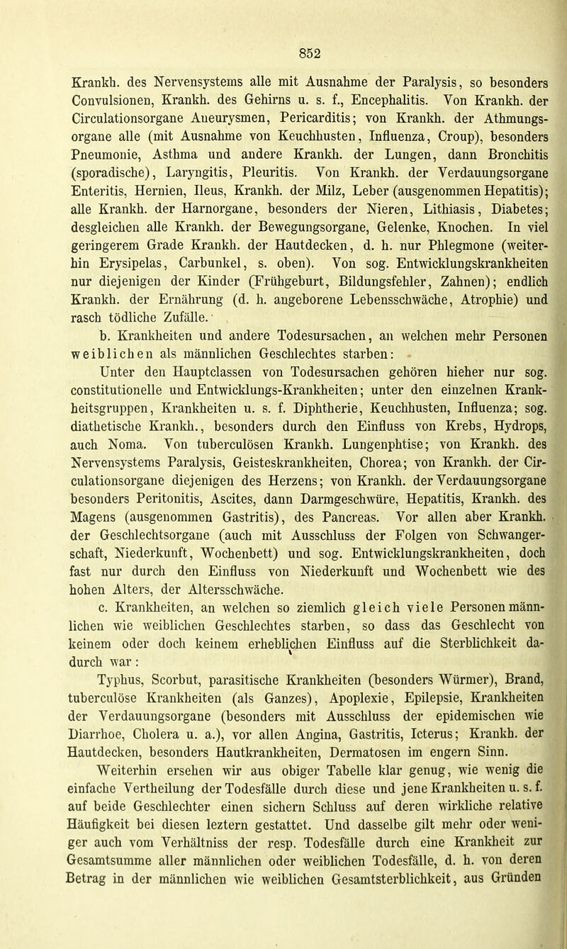 Krankh. des Nervensystems alle mit Ausnahme der Paralysis, so besonders Convulsionen, Krankh. des Gehirns u. s. f., Encephahtis. Von Krankh. der Circulationsorgane Aneurysmen, Pericarditis; von Krankh. der Athmungs- organe alle (mit Ausnahme von Keuchhusten, Influenza, Croup), besonders Pneumonie, Asthma und andere Krankh. der Lungen, dann Bronchitis (sporadische), Laryngitis, Pleuritis. Von Krankh. der Verdauungsorgane Enteritis, Hernien, Ileus, Krankh. der Milz, Leber (ausgenommen Hepatitis); alle Krankh. der Harnorgane, besonders der Nieren, Lithiasis, Diabetes; desgleichen aUe Krankh. der Bewegungsorgane, Gelenke, Knochen. In viel geringerem Grade Krankh. der Hautdecken, d. h. nur Phlegmone (weiter- hin Erysipelas, Carbunkel, s. oben). Von sog. Entwicklungskrankheiten nur diejenigen der Kinder (Frühgeburt, Bildungsfehler, Zahnen); endlich Krankh. der Ernährung (d. h. angeborene Lebensschwäche, Atrophie) und rasch tödliche Zufälle.' b. Krankheiten und andere Todesursachen, an welchen mehr Personen weiblichen als männlichen Geschlechtes starben: Unter den Hauptclassen von Todesursachen gehören hieher nur sog. constitutionelle und Entwicklungs-Krankheiten; unter den einzelnen Krank- heitsgruppen, Krankheiten u. s. f. Diphtherie, Keuchhusten, Influenza; sog. diathetische Krankh., besonders durch den Einfluss von Krebs, Hydrops, auch Noma. Von tuberculösen Krankh. Lungenphtise; von Krankh. des Nervensystems Paralysis, Geisteskrankheiten, Chorea; von Krankh. der Cir- culationsorgane diejenigen des Herzens; von Krankh. der Verdauungsorgane besonders Peritonitis, Ascites, dann Darmgeschwüre, Hepatitis, Krankh. des Magens (ausgenommen Gastritis), des Pancreas. Vor allen aber Krankh. der Geschlechtsorgane (auch mit Ausschluss der Folgen von Schwanger- schaft, Niederkunft, Wochenbett) und sog. Entwicklungskrankheiten, doch fast nur durch den Einfluss von Niederkunft und Wochenbett wie des hohen Alters, der Altersschwäche. c. Kranldieiten, an welchen so ziemlich gleich viele Personen männ- lichen wie weiblichen Geschlechtes starben, so dass das Geschlecht von keinem oder doch keinem erheblichen Einfluss auf die Sterblichkeit da- durch war: Typhus, Scorbut, parasitische Krankheiten (besonders Würmer), Brand, tuberculöse Krankheiten (als Ganzes), Apoplexie, Epilepsie, Krankheiten der Verdauungsorgane (besonders mit Ausschluss der epidemischen wie Diarrhoe, Cholera u. a.), vor allen Angina, Gastritis, Icterus; Krankh. der Hautdecken, besonders Hautkrankheiten, Dermatosen im engern Sinn. Weiterhin ersehen wir aus obiger Tabelle klar genug, wie wenig die einfache Vertheilung der Todesfälle durch diese und jene Krankheiten u. s. f. auf beide Geschlechter einen sichern Schluss auf deren wirldiche relative Häufigkeit bei diesen leztern gestattet. Und dasselbe gilt mehr oder weni- ger auch vom Verhältniss der resp. Todesfälle durch eine Krankheit zur Gesamtsumme aller männlichen oder weiblichen Todesfälle, d. h. von deren Betrag in der männlichen wie weiblichen Gesamtsterblichkeit, aus Gründen
