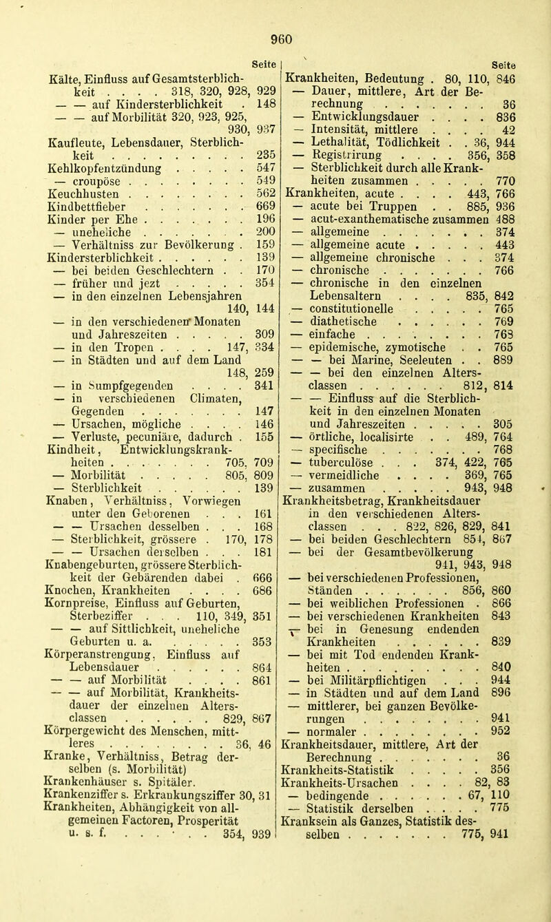 Seite Kälte, Einfluss auf Gesamtsterblich- keit .... 318, 320, 928, 929 auf Kindersterblichkeit . 148 auf Morbilität 320, 923, 925, 930, 937 Kaufleute, Lebensdauer, Sterblich- keit 235 Kehlkopfentzündung 547 — croupöse 549 Keuchhusten 562 Kindbettfieber 669 Kinder per Ehe 196 — uneheliche 200 — Verhältniss zur Bevölkerung . 159 Kindersterblichkeit 139 — bei beiden Geschlechtern . . 170 — früher und jezt 354 — in den einzelnen Lebensjahren 140, 144 — in den verschiedenen Monaten und Jahreszeiten 309 — in den Tropen .... 147, 334 — in Städten und auf dem Land 148, 259 — in Sumpfgegenden .... 341 — in verschiedenen Climaten, Gegenden 147 — Ursachen, mögliche .... 146 — Verluste, pecuniäie, dadurch . 155 Kindheit, Entwicklungskrank- heiten . . 705, 709 — Morbilität 805. 809 — Sterblichkeit 139 Knaben, Verhältniss, Vorwiegen unter den Geborenen ... 161 — — Ursachen desselben . . . 168 — Steiblichkeit, grössere . 170, 178 — — Ursachen derselben ... 181 Knabengeburten, grössere Sterblich- keit der Gebärenden dabei 666 Knochen, Krankheiten .... 686 Kornpreise, Einfluss auf Geburten, Sterbeziffer ... 110, 349, 351 — — auf Sittlichkeit, uneheliche Geburten u. a 353 Körperanstrengung, Einfluss auf Lebensdauer 864 auf Morbilität .... 861 auf Morbilität, Krankheits- dauer der einzelnen Alters- classen 829, 867 Körpergewicht des Menschen, mitt- leres 36. 46 Kranke, Verhältniss, Betrag der- selben (s. Morbilität) Krankenhäuser s. Spitäler. Krankenzifier s. Erkraukungsziffer 30, 31 Krankheiten, Abhängigkeit von all- gemeinen Factoren, Prosperität u. B. f. ...... 354, 939 I Seite Krankheiten, Bedeutung . 80, HO, 846 — Dauer, mittlere, Art der Be- rechnung 36 — Entwicklungsdauer .... 836 — Intensität, mittlere .... 42 — Lethalität, Tödlichkeit . . 36, 944 — Registrirung .... 356, 358 — Sterblichkeit durch alle Krank- heiten zusammen 770 Krankheiten, acute .... 443, 766 — acute bei Truppen . . 885, 936 — acut-exanthematische zusammen 488 — allgemeine 374 — allgemeine acute 443 — allgemeine chronische . . . 374 — chronische 766 — chronische in den einzelnen Lebensaltern .... 835, 842 — constitutionelle 765 — diathetische 769 — einfache 763 — epidemische, zymotische . . 765 — — bei Marine, Seeleuten . . 889 — — bei den einzelnen Alters- classen 812, 814 — — Einfluss auf die Sterblich- keit in den einzelnen Monaten und Jahreszeiten 305 — örtliche, localisirte . . 489, 764 — specifische 768 — tuberculöse . . . 374, 422, 765 — vermeidliche .... 369, 765 — zusammen 943, 948 Krankheitsbetrag, Krankheitsdauer in den verschiedenen Alters- classen . . . 822, 826, 829, 841 — bei beiden Geschlechtern 85+, 867 — bei der Gesamtbevölkerung 941, 943, 948 — bei verschiedenen Professionen, Ständen 856, 860 — bei weiblichen Professionen . 866 — bei verschiedenen Krankheiten 843 — bei in Genesung endenden Krankheiten 839 — bei mit Tod endenden Krank- heiten 840 — bei Militärpflichtigen . . . 944 — in Städten und auf dem Land 896 — mittlerer, bei ganzen Bevölke- rungen 941 — normaler 952 Krankheitsdauer, mittlere, Art der Berechnung 36 Krankheits-Statistik 356 Krankheits-Ursachen .... 82, 83 — bedingende 67, 110 — Statistik derselben .... 775 Kranksein als Ganzes, Statistik des- selben 775, 941