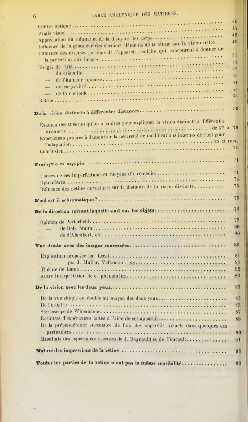 fi TABLE ANALYNIQUE DES MATIÈRES. 46 Centre optique i7 Angle visuel 4g Appréciation du volume et de la distance des corps •' Influence de la grandeur des derniers éléments de la rétine sur la vision nette... Influence des diverses portions de l'appareil oculaire qui concourent a donner de ^ la perfection aux images &. Usages de l'iris 52 — du cristallin i — de l'humeur aqueuse — du corps vitré r.„ * r>a — de la choroïde ..r ;>o Rétine 56 De la vision distincte à différentes distances Examen des théories qu'on a émises pour expliquer la vision distincte à différentes de 57 a 70 distances j ' . Expériences propres à démontrer la nécessité de modifications internes de 1 œil pour , . 65 et suiv. l'adaptation _^ Conclusion 71 Presbytie et myopie Causes de ces imperfections et moyens d'y remédier 73 Optometres Influence des petites ouvertures sur la distance de la vision distincte 7 5 Ii'œil est-il achromatique? De la direction suivant laquelle sont vus les objets Opinion de PorterGeld — de Rob. Smith 80 — de d'Alembert, etc 80 Vue droite avec des images renversées 80 Explication proposée par Lecat 81 — par J. Muller, Volkmann, etc 81 Théorie de Lamé 82 Autre interprétation de ce phénomène 82 De la vision avec les deux yeux 83 De la vue simple ou double au moyen des deux u'iix 83 De l'oroptrc , 85 Stéréoscope de Wheatstone 87 Résultats d'expériences faites à l'aide de cet appareil 88 De la prépondérance successive de l'un des appareils visuels dans quelques cas particuliers 90 Résultats des expériences récentes de J. Regnauld et de Foucault 91 Nature des impressions de la rétine , 93 Toutes les parties de la rétine n'ont pas la même sensibilité tà