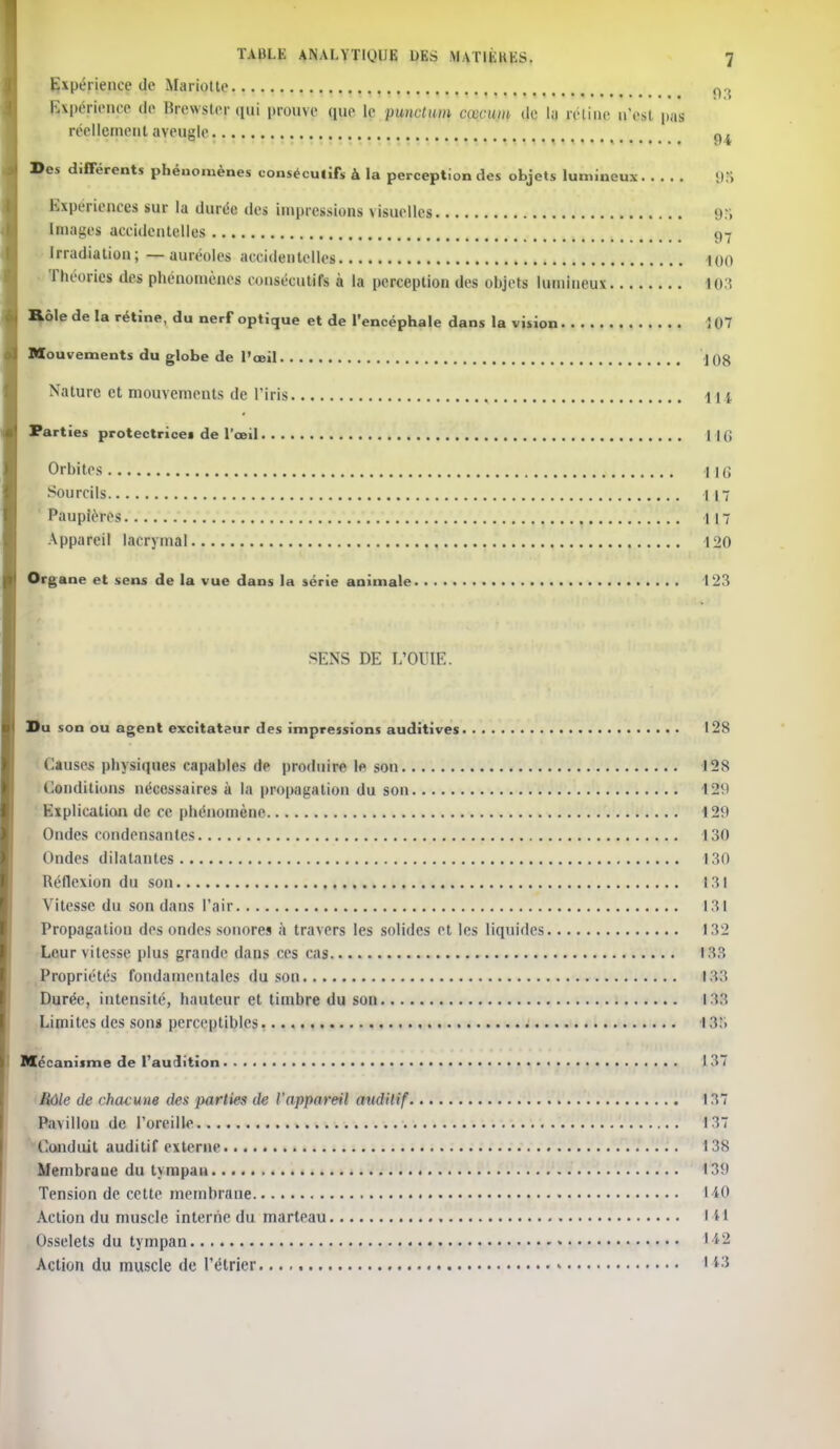 Expérience de Mariotte Expérience de Brewster qui prouve que le punctmn cœntm de la reline n'est pas réellement aveugle # < ^ Des différents phénomènes consécutifs à la perception des objets lumineux 95 Expériences sur la durée des impressions visuelles y:; Images accidentelles 97 Irradiation; — auréoles accidentelles 100 Théories des phénomènes consécutifs à la perception des ohjets lumineux lin Rôle de la rétine, du nerf optique et de l'encéphale dans la vision ! 07 Mouvements du globe de l'œil Nature et mouvements de l'iris 11 i Parties protectrices de l'œil I h, Orbites IK; Sourcils M Paupières 117 Appareil lacrymal 120 Organe et sens de la vue dans la série animale 123 SENS DE L'OUIE. Su son ou agent excitateur des impressions auditives 128 Causes physiques capables de produire le son 128 Conditions nécessaires à la propagation du son 121) Explication de ce phénomène 129 Ondes condensantes 130 Ondes dilatantes 130 Réflexion du son 131 Vitesse du son dans l'air 131 Propagation des ondes sonores à travers les solides et les liquides 132 Leur vitesse plus grande dans ces cas 133 Propriétés fondamentales du son 133 Durée, intensité, hauteur et timbre du son 138 Limites des son» perceptibles I 3K Mécanisme de l'audition I 37 Hôle de chacune des jmrties de l'appareil audilif 137 Pavillou de l'oreille 137 Conduit auditif externe I 38 Membrane du tympan 1*39 Tension de cette membrane 140 Action du muscle interne du marteau 141 Osselets du tympan M2 Action du muscle de rétrier 143