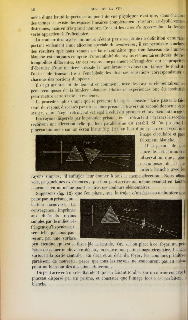 3(î mène d'une haute importance au poinl de vue physique : c'est que, dans chacun des teintes, il existe des espaces linéaires complètement obscurs, irrégulièremen distribués, mais en très grand nombre. Ce sont les rrtMS du spectre dont la décoti V€Tlti appartient à l-'iaiienhofer. La couleur des rayons lumineux n'étant pas susceptible de définition et se rap portant seulement à une affection spéciale du saisoriwn, il est permis de conclur des résultats que nous venons de faire connaître que tout faisceau de hunier blanche est toujours composé d'une infinité de rayons élémentaires doués de ré frangibililés différentes. Or ces rayons, inégalement réfrangibles, ont la propriét d'ébranler d'une manière spéciale la membrane nerveuse qui tapisse le fond d l'œil et de transmettre à l'encéphale les diverses sensations correspondantes chacune des portions du spectre. 11 s'agit maintenant de démontrer comment, avec les rayons élémentaires, oim peut recomposer de la lumière blanche. Plusieurs expériences ont été instituée, pour mettre celle vérité en évidence. Le procédé le plus simple qui se présente à l'esprit consiste à faire passer le fai* cean de rayons, dispersés par un premier prisme, à travers un second de même subi stançe, dont l'angle réfriugenl es! égal à celui du premier et inversement dirigé. Les rayons dispersés par le premier prisme, en se réfractant à travers le secondu reçoivent une direction telle que leur parallélisme est rétabli. Si l'on projette 1 pinceau lumineux sur un écran blanc (lig. 11), au lieu d'un spectre on reçoit un image circulaire et pan faitement blanche. Il est permis de con dure de cette première observation que , pou recomposer de la luii mière blanche avec lell rayons simples, il suffit&dc leur donner à tous la même direction. .Nous allon< voir, pai\quelques expériences , que l'on peul arriver au même résultai en faisar concourir en un même point les diverses couleurs élémentaires. Supposons (lig. 12) que l'on place, sur le trajet d'un faisceau de lumière dist persé par un prisme, une lentille biconvexe. La convergence, imprimée aux différents rayons simples par le milieu ré- fringent qu'ils pénèlrenl, sera telle que tous pas- seront par une surface peu étendue qui est le foyer |dc la lentille. Or, si l'on place à ce foyer un pet. écran de papier ou de verre dépoli, on trouve une petite image circulaire, blanch surtout à la partie centrale. En deçà et au delà du foyer, les couleurs primitive- paraissent de nouveau, parce que tous les rayons ne concourent pas au mèni point ou bien ont des directions différentes. On peut arriver à un résultat identique en faisant tomber sur un miroir concave 1 pinceau dispersé par un prisme, et constater que l'image focale est parfaitemen blanche.