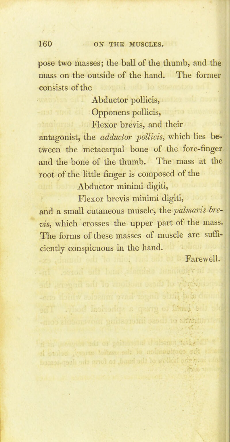 pose two masses; the ball of the thumb, and the mass on the outside of the hand. The former consists of the Abductor pollicis, Opponens pollicis, Flexor brevis, and their antagonist, the adductor pollicis, which lies be- tween the metacarpal bone of the fore-finger and the bone of the thumb. The mass at the root of the little finger is composed of the Abductor minimi digiti, Flexor brevis minimi digiti, and a small cutaneous muscle, the palmar is bre- vis, which crosses the upper part of the mass. The forms of these masses of muscle are suffi- ciently conspicuous in the hand. Farewell.