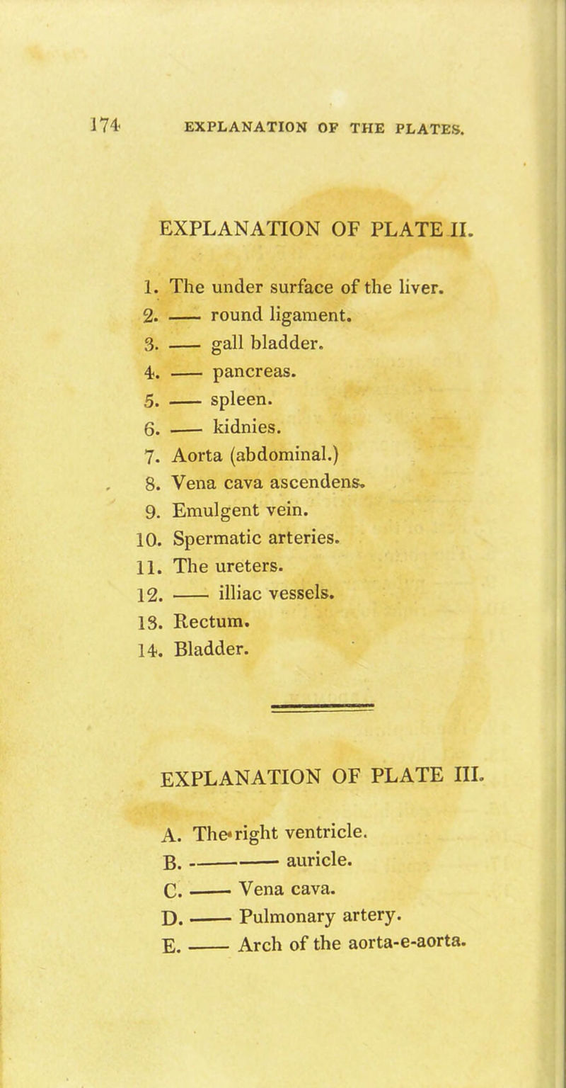 EXPLANATION OF PLATE II. 1. The under surface of the liver. 2. round ligament. 3. gall bladder. 4. pancreas. 5. spleen. 6. kidnies. 7. Aorta (abdominal.) 8. Vena cava ascendens. 9. Emulgent vein. 10. Spermatic arteries. 11. The ureters. 12. illiac vessels. 13. Rectum. 14. Bladder. EXPLANATION OF PLATE III. A. The* right ventricle. B. auricle. C. Vena cava. D. Pulmonary artery. E. Arch of the aorta-e-aorta.