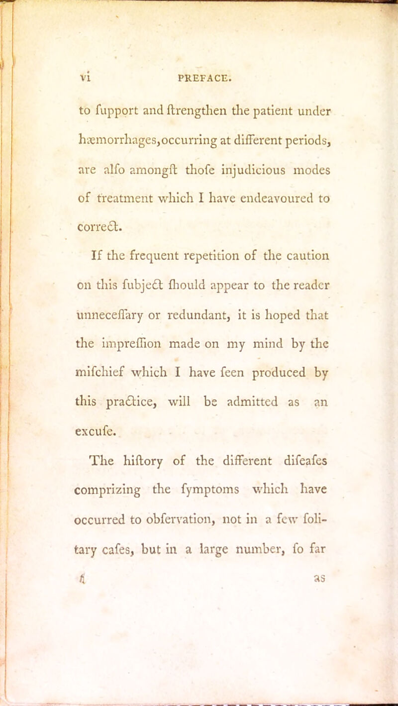 to fupport and ftrengthen the patient under hiiemorrhages,occurring at different periods, are alfo amongft thofe injudicious modes of treatment which I have endeavoured to correct. If the frequent repetition of the caution on this fubjec~t fhould appear to the reader unnecefTary or redundant, it is hoped that the impreffion made on my mind by the mifchief which I have feen produced by this practice, will be admitted as an excufe. The hiftory of the different difeafes comprizing the fymptoms which have occurred to obfervation, not in a few foli- tary cafes, but in a large number, fo far i as