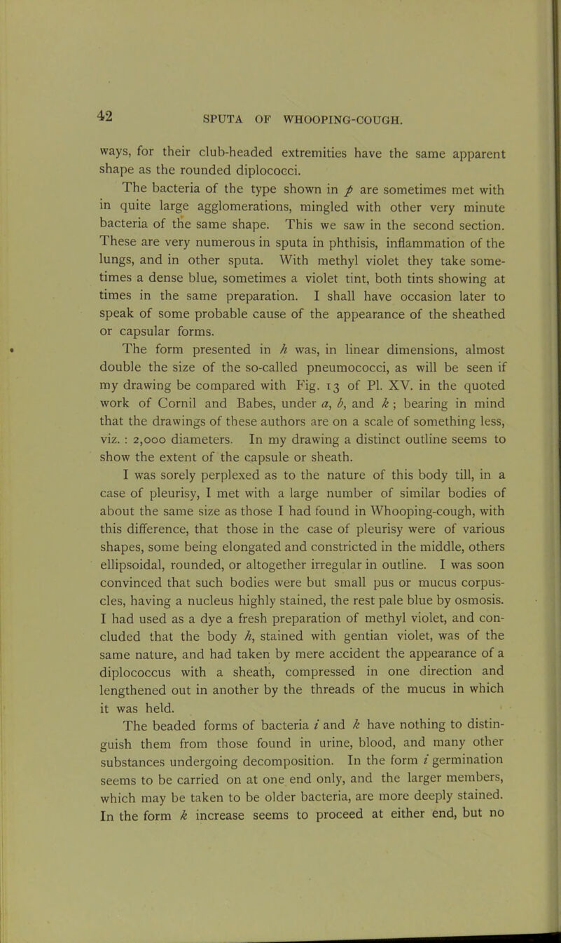 ways, for their club-headed extremities have the same apparent shape as the rounded diplococci. The bacteria of the type shown in p are sometimes met with in quite large agglomerations, mingled with other very minute bacteria of the same shape. This we saw in the second section. These are very numerous in sputa in phthisis, inflammation of the lungs, and in other sputa. With methyl violet they take some- times a dense blue, sometimes a violet tint, both tints showing at times in the same preparation. I shall have occasion later to speak of some probable cause of the appearance of the sheathed or capsular forms. The form presented in h was, in linear dimensions, almost double the size of the so-called pneumococci, as will be seen if my drawing be compared with Fig. 13 of PI. XV. in the quoted work of Cornil and Babes, under a, b, and k ; bearing in mind that the drawings of these authors are on a scale of something less, viz. : 2,000 diameters. In my drawing a distinct outline seems to show the extent of the capsule or sheath. I was sorely perplexed as to the nature of this body till, in a case of pleurisy, I met with a large number of similar bodies of about the same size as those I had found in Whooping-cough, with this difference, that those in the case of pleurisy were of various shapes, some being elongated and constricted in the middle, others ellipsoidal, rounded, or altogether irregular in outline. I was soon convinced that such bodies were but small pus or mucus corpus- cles, having a nucleus highly stained, the rest pale blue by osmosis. I had used as a dye a fresh preparation of methyl violet, and con- cluded that the body h, stained with gentian violet, was of the same nature, and had taken by mere accident the appearance of a diplococcus with a sheath, compressed in one direction and lengthened out in another by the threads of the mucus in which it was held. The beaded forms of bacteria i and k have nothing to distin- guish them from those found in urine, blood, and many other substances undergoing decomposition. In the form i germination seems to be carried on at one end only, and the larger members, which may be taken to be older bacteria, are more deeply stained. In the form k increase seems to proceed at either end, but no