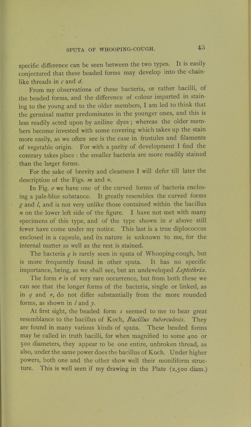 4*3 specific difference can be seen between the two types. It is easily conjectured that these beaded forms may develop into the chain- like threads in c and d. From my observations of these bacteria, or rather bacilli, of the beaded forms, and the difference of colour imparted in stain- ing to the young and to the older members, I am led to think that the germinal matter predominates in the younger ones, and this is less readily acted upon by aniline dyes ; whereas the older mem- bers become invested with some covering which takes up the stain more easily, as we often see is the case in frustules and filaments of vegetable origin. For with a parity of development I find the contrary takes place : the smaller bacteria are more readily stained than the larger forms. For the sake of brevity and clearness I will defer till later the description of the Figs, m and n. In Fig. o we have one of the curved forms of bacteria enclos- ing a pale-blue substance. It greatly resembles the curved forms g and /, and is not very unlike those contained within the bacillus n on the lower left side of the figure. I have not met with many specimens of this type, and of the type shown in o above still fewer have come under my notice. This last is a true diplococcus enclosed in a capsule, and its nature is unknown to me, for the internal matter as well as the rest is stained. The bacteria q is rarely seen in sputa of Whooping-cough, but is more frequently found in other sputa. It has no specific importance, being, as we shall see, but an undeveloped Leptothrix. The form r is of very rare occurrence, but from both these we can see that the longer forms of the bacteria, single or linked, as in q and r, do not differ substantially from the more rounded forms, as shown in l and y. At first sight, the beaded form s seemed to me to bear great resemblance to the bacillus of Koch, Bacillus tuberculosis. They are found in many various kinds of sputa. These beaded forms may be called in truth bacilli, for when magnified to some 400 or 500 diameters, they appear to be one entire, unbroken thread, as also, under the same power does the bacillus of Koch. Under higher powers, both one and the other show well their moniliform struc- ture. This is well seen if my drawing in the Plate (2,500 diam.)