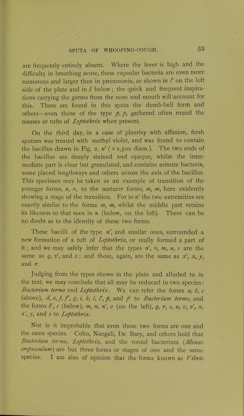 are frequently entirely absent. Where the fever is high and the difficulty in breathing acute, these capsular bacteria are even more numerous and larger than in pneumonia, as shown in l' on the left side of the plate and in l below; the quick and frequent inspira- tions carrying the germs from the nose and mouth will account for this. There are found in this sputa the dumb-bell form and others—even those of the type p, p, gathered often round the masses or tufts of Leptothrix when present. On the third day, in a case of pleurisy with effusion, fresh sputum was treated with methyl violet, and was found to contain the bacillus drawn in Fig. 2, n' (x 2,500 diam.). The two ends of the bacillus are deeply stained and opaque, whilst the inter- mediate part is clear but granulated, and contains minute bacteria, some placed lengthways and others across the axis of the bacillus. This specimen may be taken as an example of transition of the younger forms, n, n, to the maturer forms, m, m, here evidently showing a stage of the transition. For in n' the two extremities are exactly similar to the forms m, m, whilst the middle part retains its likeness to that seen in n (below, on the left). There can be no doubt as to the identity of these two forms. These bacilli of the type ri, and similar ones, surrounded a new formation of a tuft of Leptothrix, or really formed a part of it; and we may safely infer that the types n\ n, m, u, s are the same as q, v\ and z; and these, again, are the same as x', x, y, and r. Judging from the types shown in the plate and alluded to in the text, we may conclude that all may be reduced to two species: Bacterium termo and Leptothrix. We can refer the forms a, b, c (above), d, e, /, /', g, i, k, l, /, p, and p' to Bacterium termo, and the forms b', c (below), m, n, n0 (on the left), q, r, s, u, v, v', x, x', y, and 2 to Leptothrix. Nor is it improbable that even these two forms are one and the same species. Cohn, Naegeli, De Bary, and others hold that Bacterium termo, Leptothrix, and the round bacterium (Monas crepusculum) are but three forms or stages of one and the same species. I am also of opinion that the forms known as Vibrio