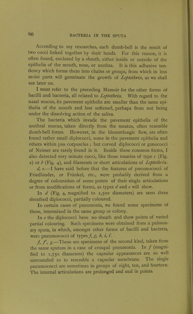 According to my researches, each dumb-bell is the result of two cocci linked together by their heads. For this reason, it is often found, enclosed by a sheath, either inside or outside of the epithelia of the mouth, nose, or urethra. It is this adhesive ten- dency which forms them into chains or groups, from which in less moist parts will germinate the growth of Leptothrix, as we shall see later on. I must refer to the preceding Memoir for the other forms of bacilli and bacteria, all related to Leptothrix. With regard to the nasal mucus, its pavement epithelia are smaller than the same epi- thelia of the mouth and less softened, perhaps from not being under the dissolving action of the saliva. The bacteria which invade the pavement epithelia of the urethral mucus, taken directly from the meatus, often resemble dumb-bell forms. However, in the blenorrhcegic flow, are often found rather small diplococci, some in the pavement epithelia and others within pus corpuscles ; but curved diplococci or gonococci of Neisser are rarely found in it. Beside these common forms, I also detected very minute cocci, like those rosaries of type s (Fig. 2) or b (Fig. 4), and filaments or short articulations of Leptothrix. d, e.—I have said before that the features of pneumococci of Friedlander, or Frank el, etc., were probably derived from a degree of colouration of some points of their single articulations or from modifications of forms, as types d and e will show. In d (Fig. 4, magnified to 2,500 diameters) are seen three sheathed diplococci, partially coloured. In certain cases of pneumonia, we found some specimens of these, intermixed in the same group or colony. Ini? the diplococci have no sheath and show points of varied partial colouring. Such specimens were obtained from a pulmon- ary sputa, in which, amongst other forms of bacilli and bacteria, were pneumococci of types f g, h, i, i'. fi f\ £•—These are specimens of the second kind, taken from the same sputum in a case of croupal pneumonia. In / (magni- fied to 1,750 diameters) the capsular appearances are so well surrounded as to resemble a capsular membrane. The single pneumococci are sometimes in groups of eight, ten, and fourteen. The internal articulations are prolonged and end in points.